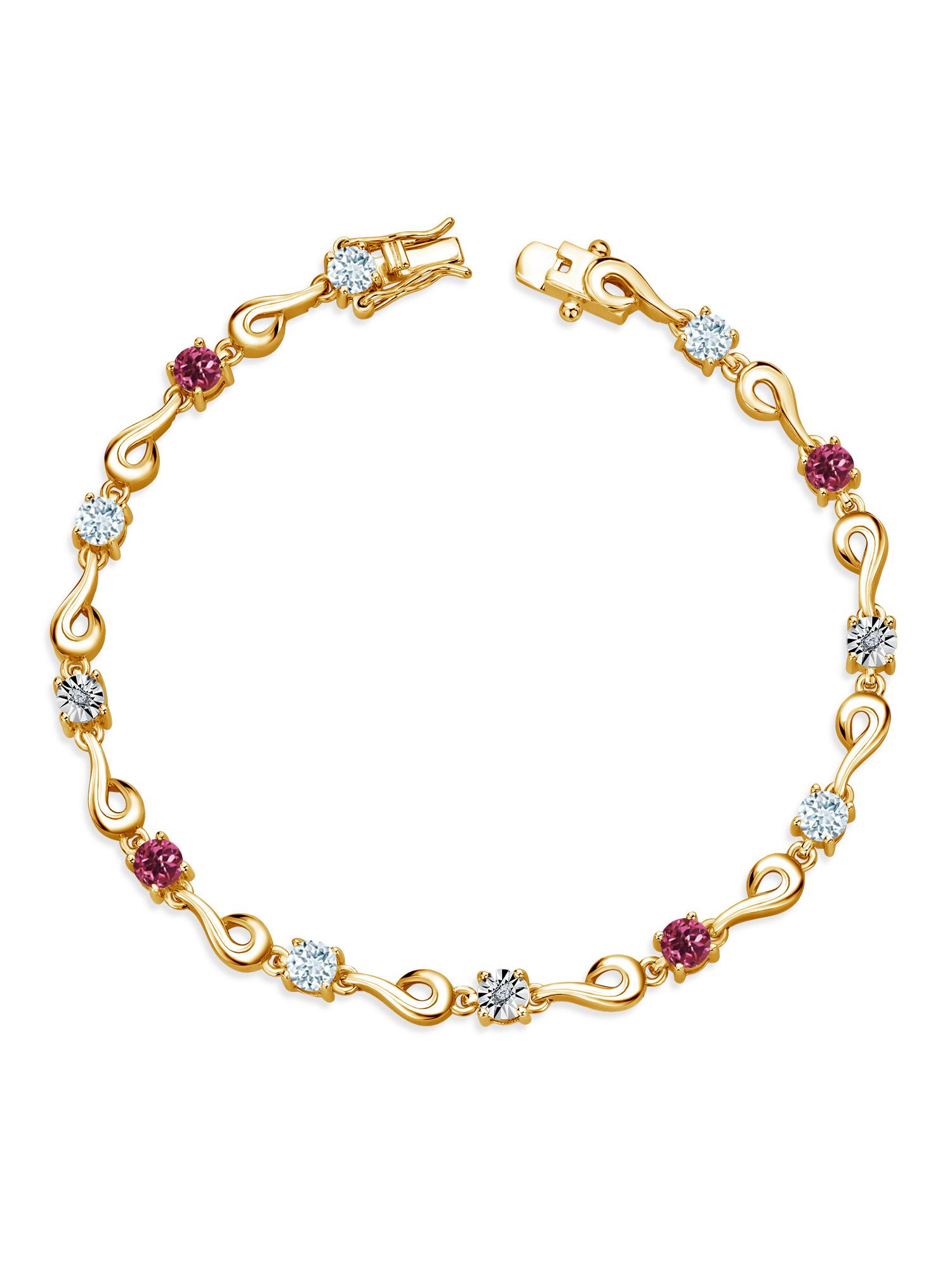 Gem Stone King 18K Yellow Gold Plated Silver Sky Blue Aquamarine and Pink Tourmaline and White Lab Grown Diamond Bracelet For Women (2.27 Cttw, Gemstone March Birthstone, Round 4MM, 7 inch)