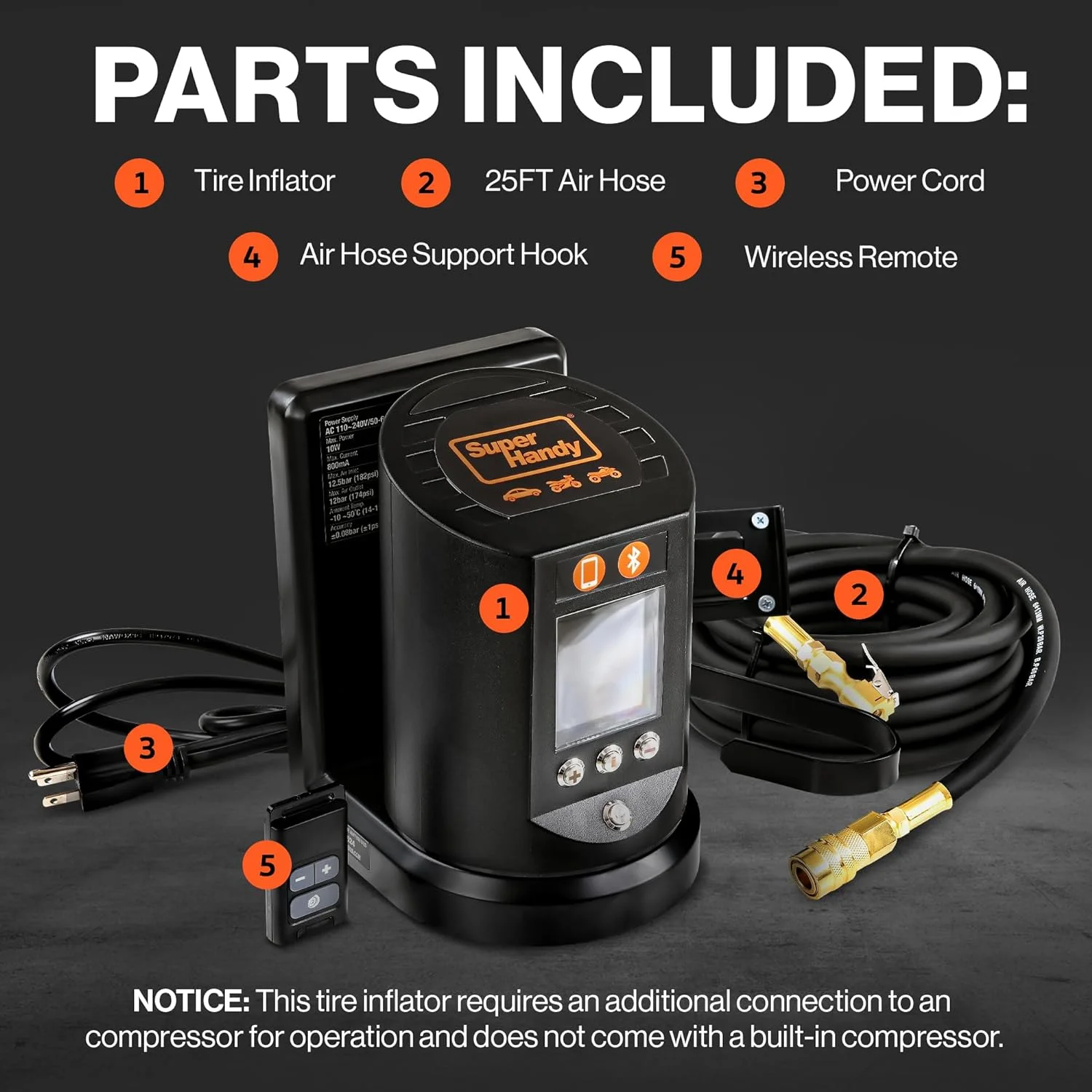 SuperHandy Tire Inflator with App Control - Digital Gauge, 25FT Hose - For Cars, Trucks, ATVs (Air Compressor Needed)