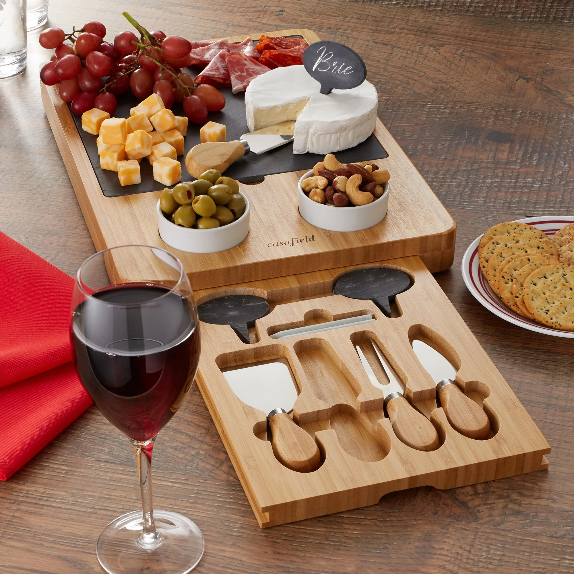 Casafield Bamboo Charcuterie Cheese Board with Slate Cheese Plate and Stainless Steel Knives