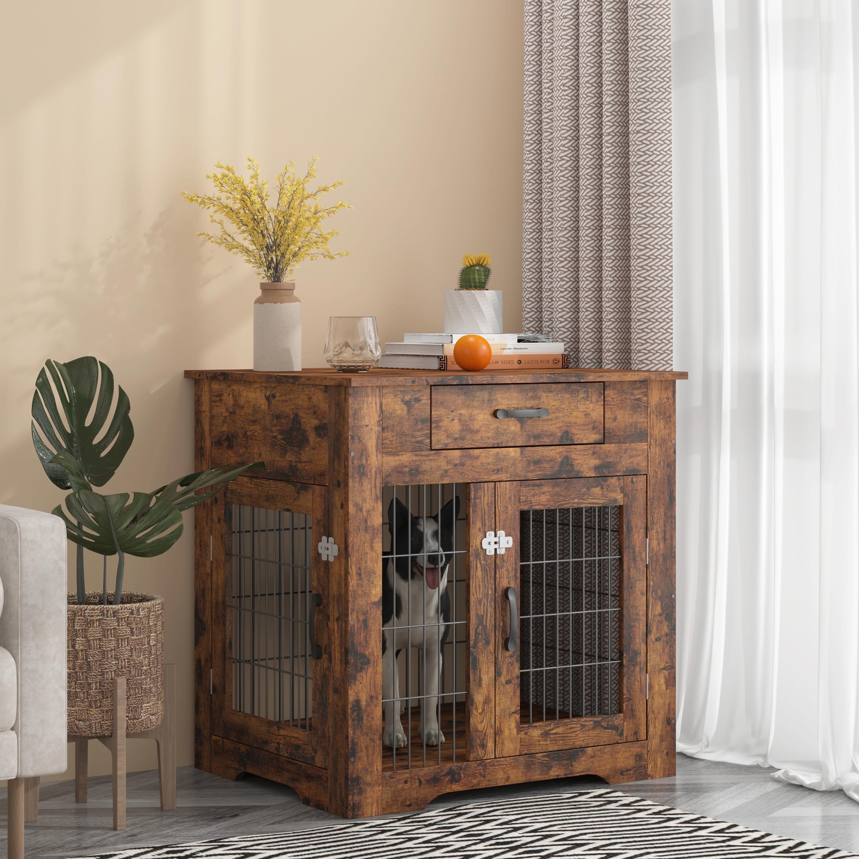 Dog Crate End Table with Drawer - Double Doors - Furniture Style Pet Kennel for Indoor Use Brown