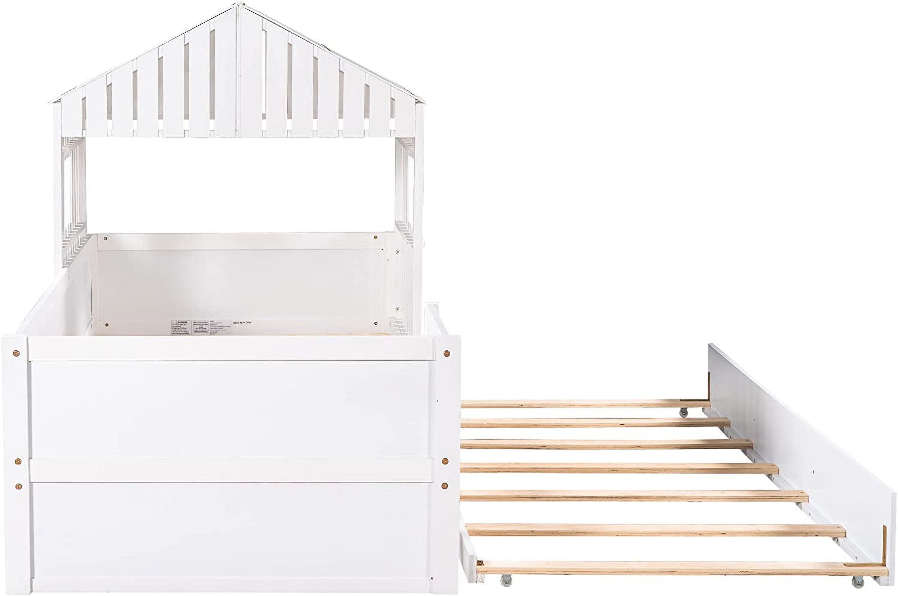 House Shaped Twin Size Bed with Trundle, Versatile Floor Low Loft Bed with Roof, Window and Chimney for Families with Many Family Members