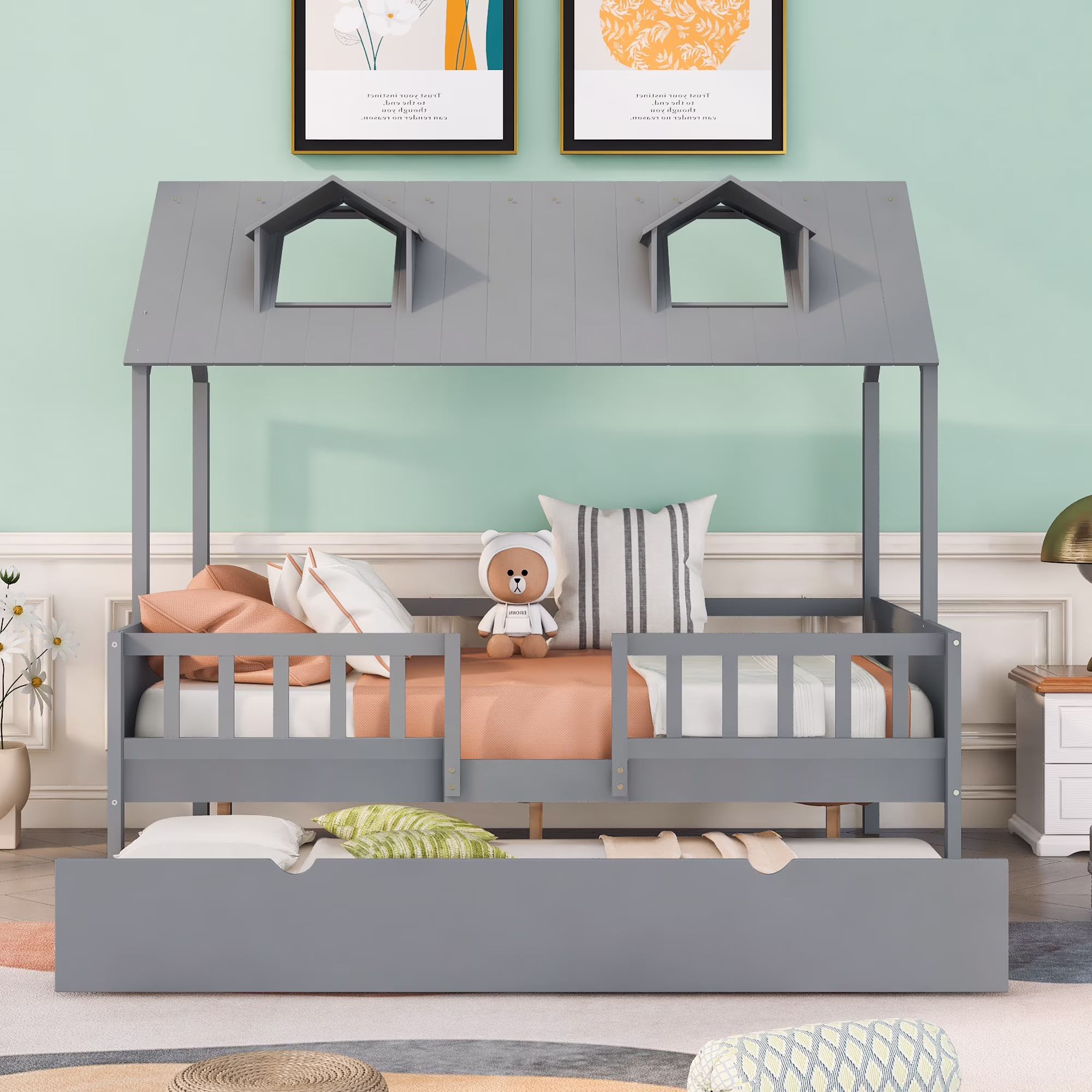 House Beds with Trundle for Kids Wood Playhouse Bed Frame with Trundle, Window and Roof, for Girls Boys, No Spring Needed (Gray,Full)