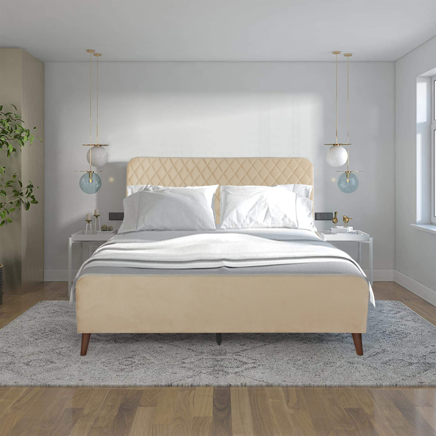 Better Home Products Roza Velvet Upholstered Queen Bed with Headboard Champaign