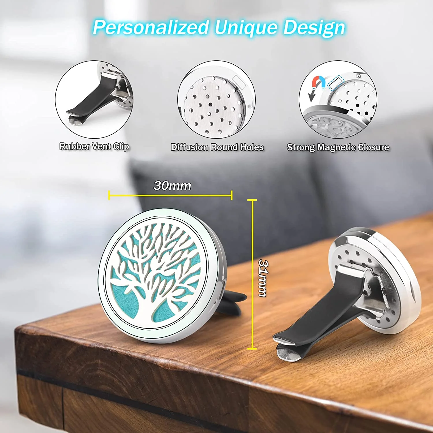 30mm Car Aromatherapy Essential Oil Diffuser Exhaust Clip, Fluorescent Green Cloud Stainless Steel Small Case with 12 Felt Pads