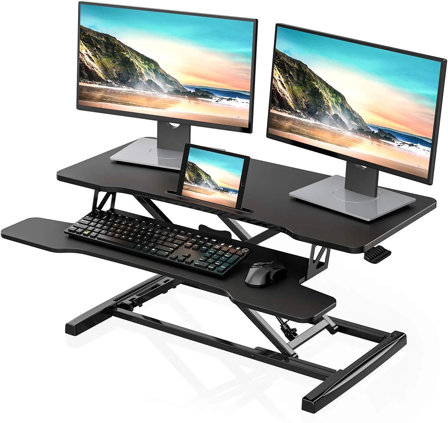 FITUEYES Height Adjustable Standing Desk 36” Wide Sit to Stand Converter Stand Up Desk Tabletop Workstation for Dual Monitor Riser SD309101WB