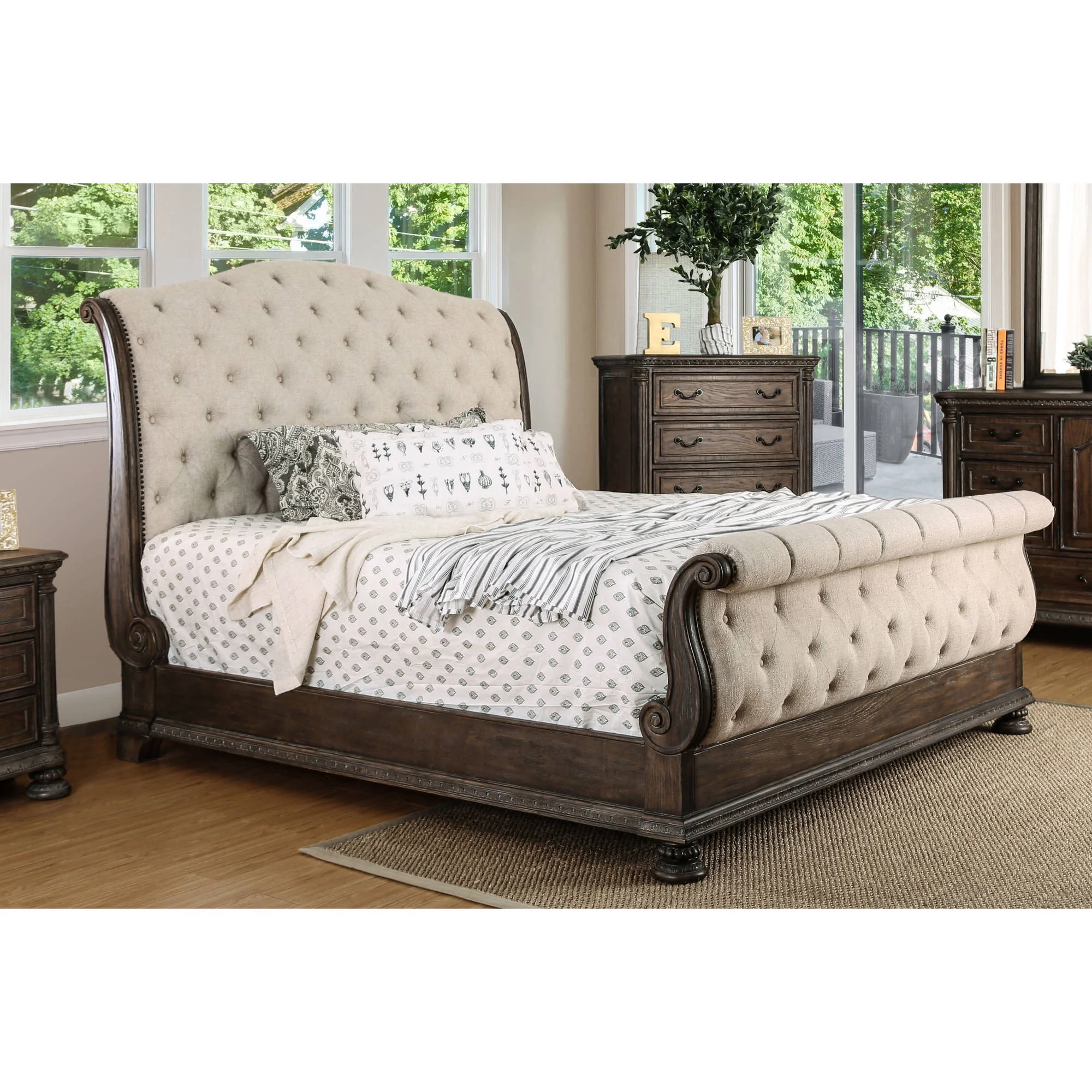 Furniture of America Arlette Bed, Eastern King, Beige, Natural Tone