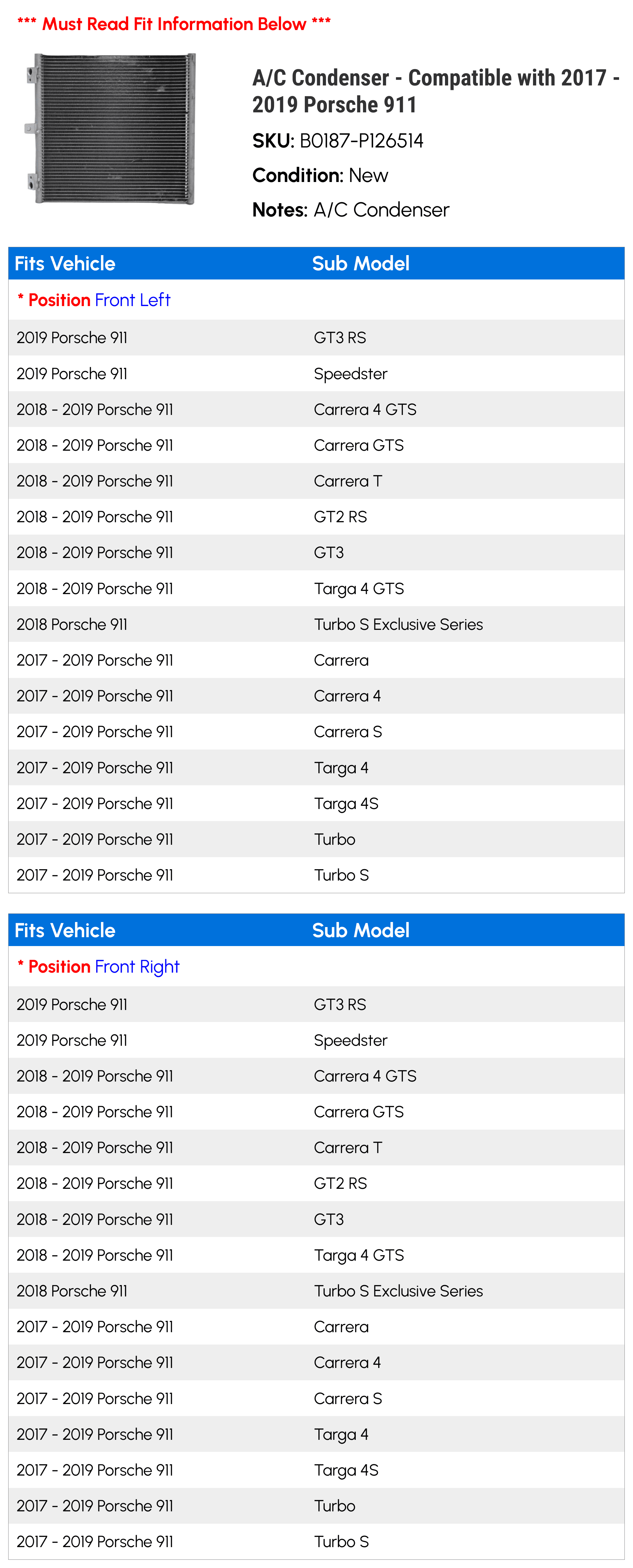 A/C Condenser - Compatible with 2017 - 2019 Porsche 911 2018