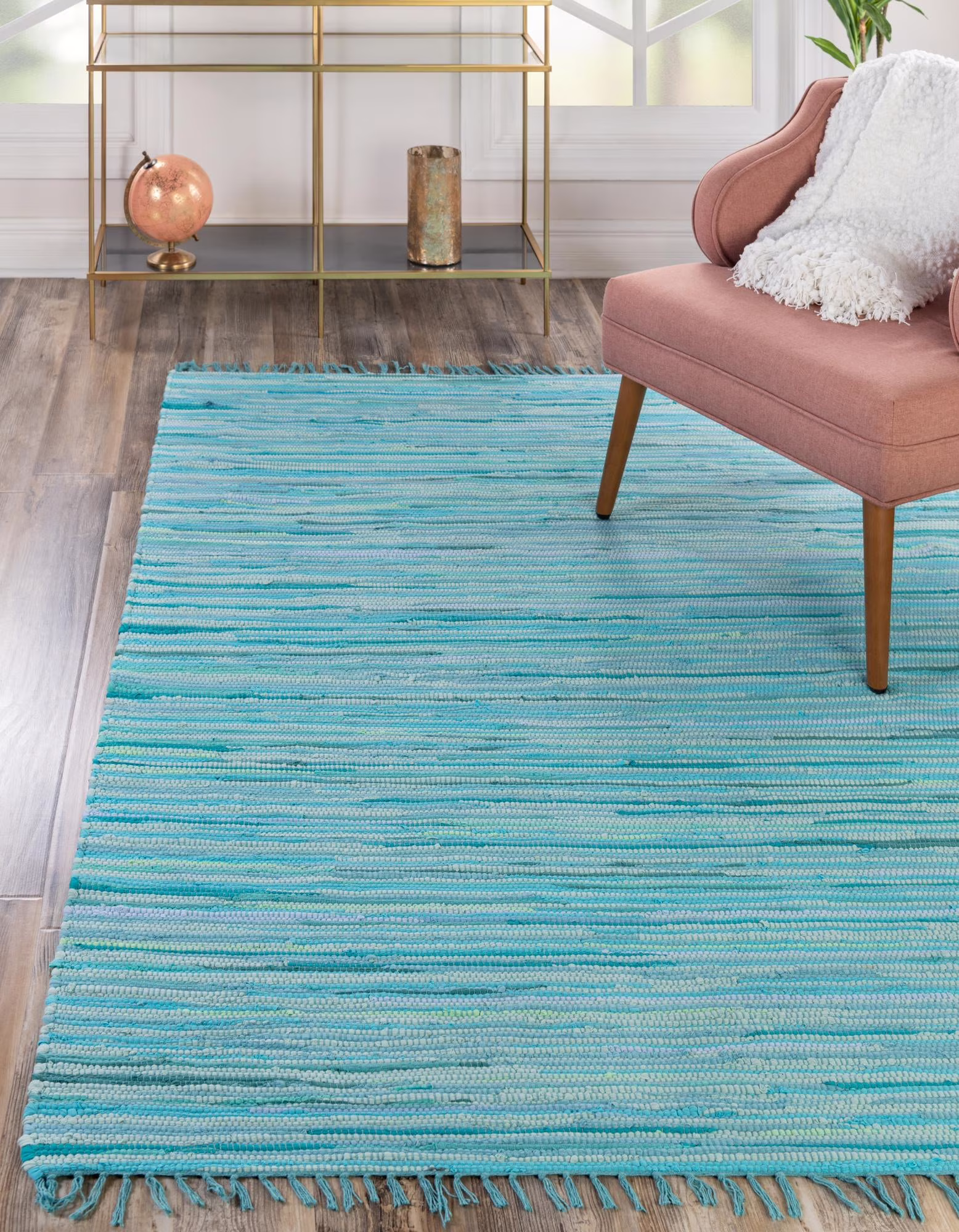 Unique Loom Striped Chindi Cotton Rug Light Blue/Ivory 9' x 12' Rectangle Hand Made Geometric Modern Perfect For Living Room Bed Room Dining Room Office