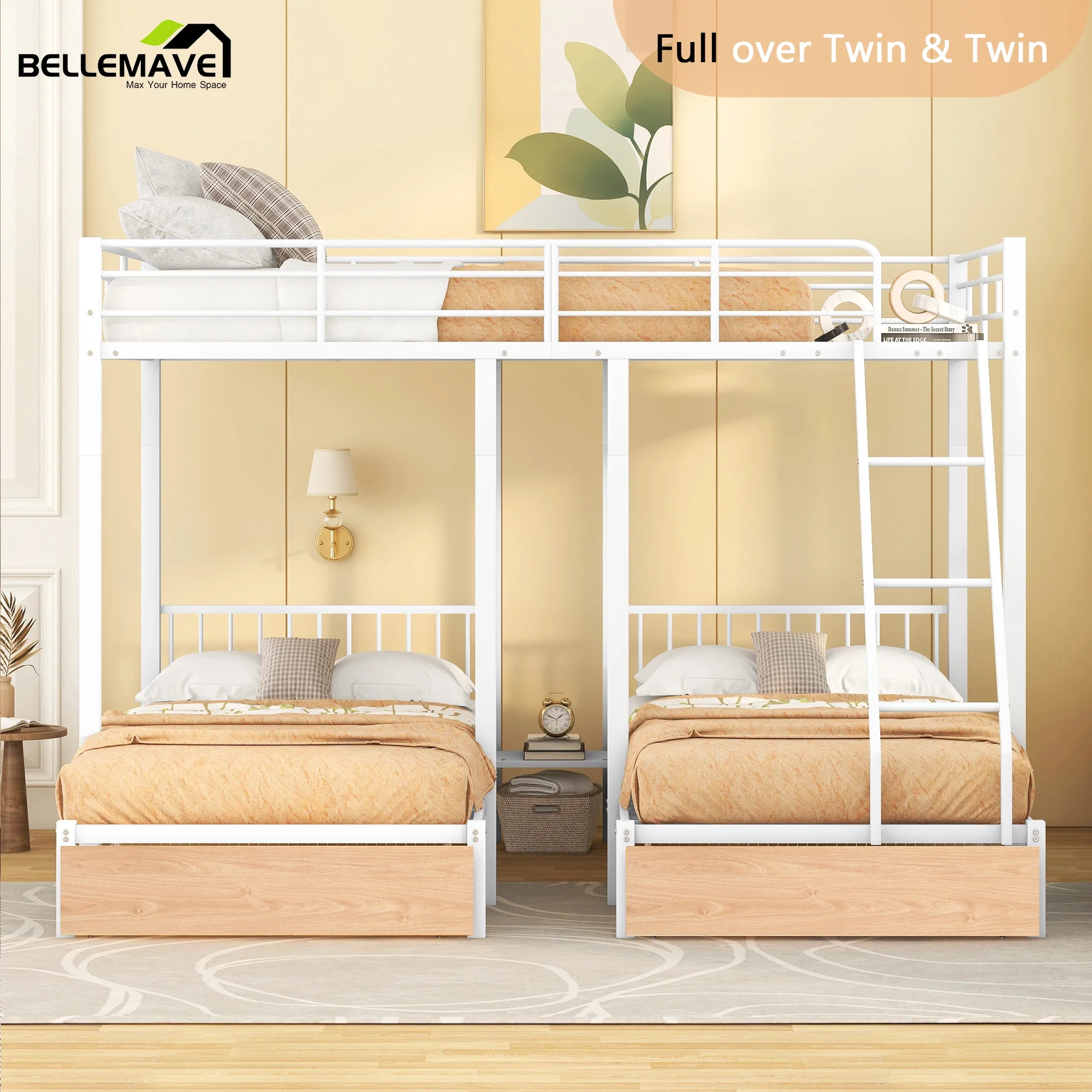 Bellemave Metal Full over Twin over Twin Triple Bunk Bed with Storage Drawers, 3 Bunk Bed Can Be Separated into 3 Single Beds for Kids, Teens, Boys & Girls (White)