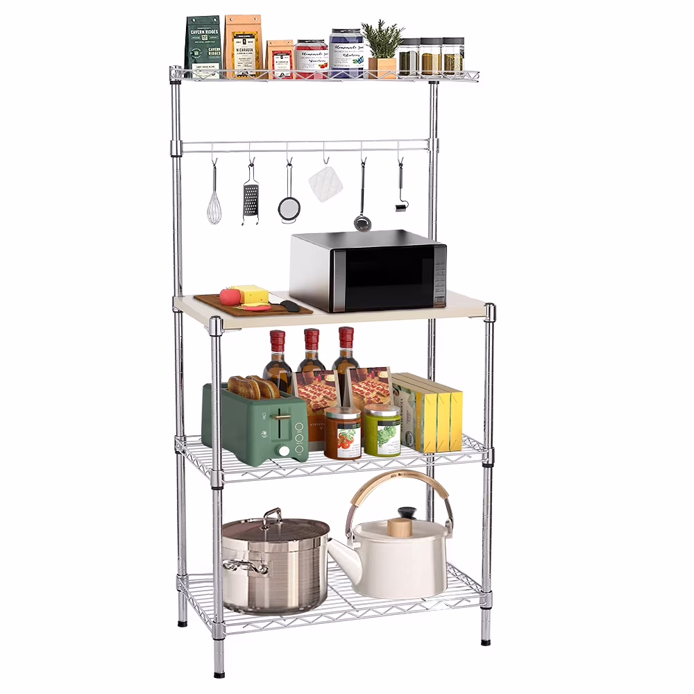 Metal Kitchen Bakers Rack, iRerts 4 Tier Metal Kitchen Organization Shelf Rack with 4 Hooks, Adjustable Shelves and Wood Table, Microwave Oven Stand Coffee Bar Table Station for kitchen Office, Silver