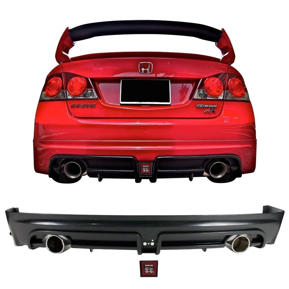 Ikon Motorsports Compatible with 06-11 Civic 4Dr MG RR Style Rear Diffuser Twin Outlet W/Red 3rd Brake Light