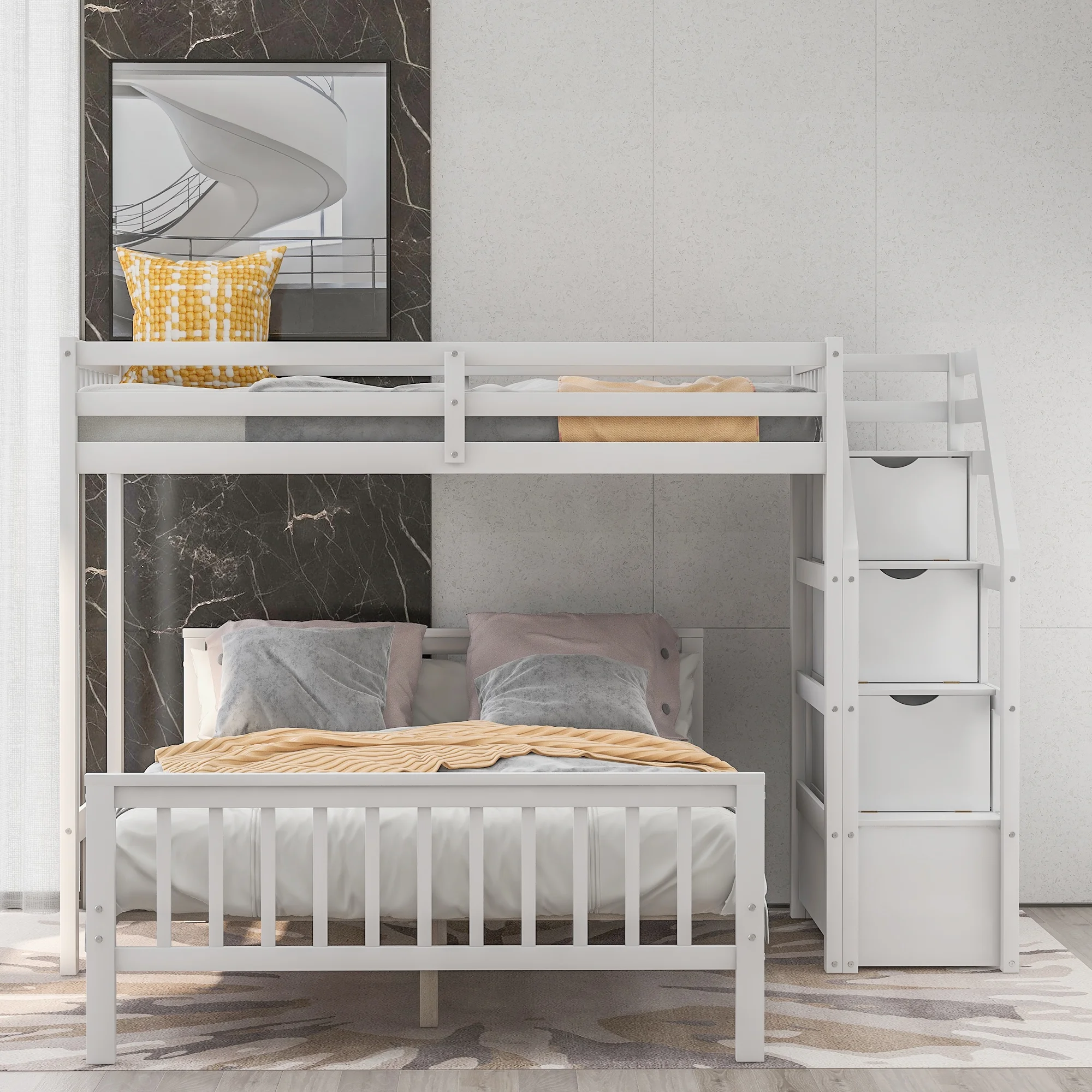 Dcenta Twin over Full Loft Bed with Staircase,White