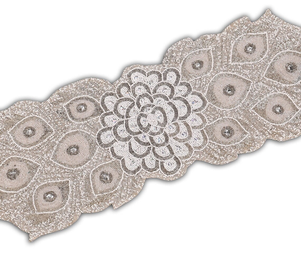 Handmade Beaded Table Runner, Peacock Feather Design Table Topper, Designer Tableware 13X36 Inch