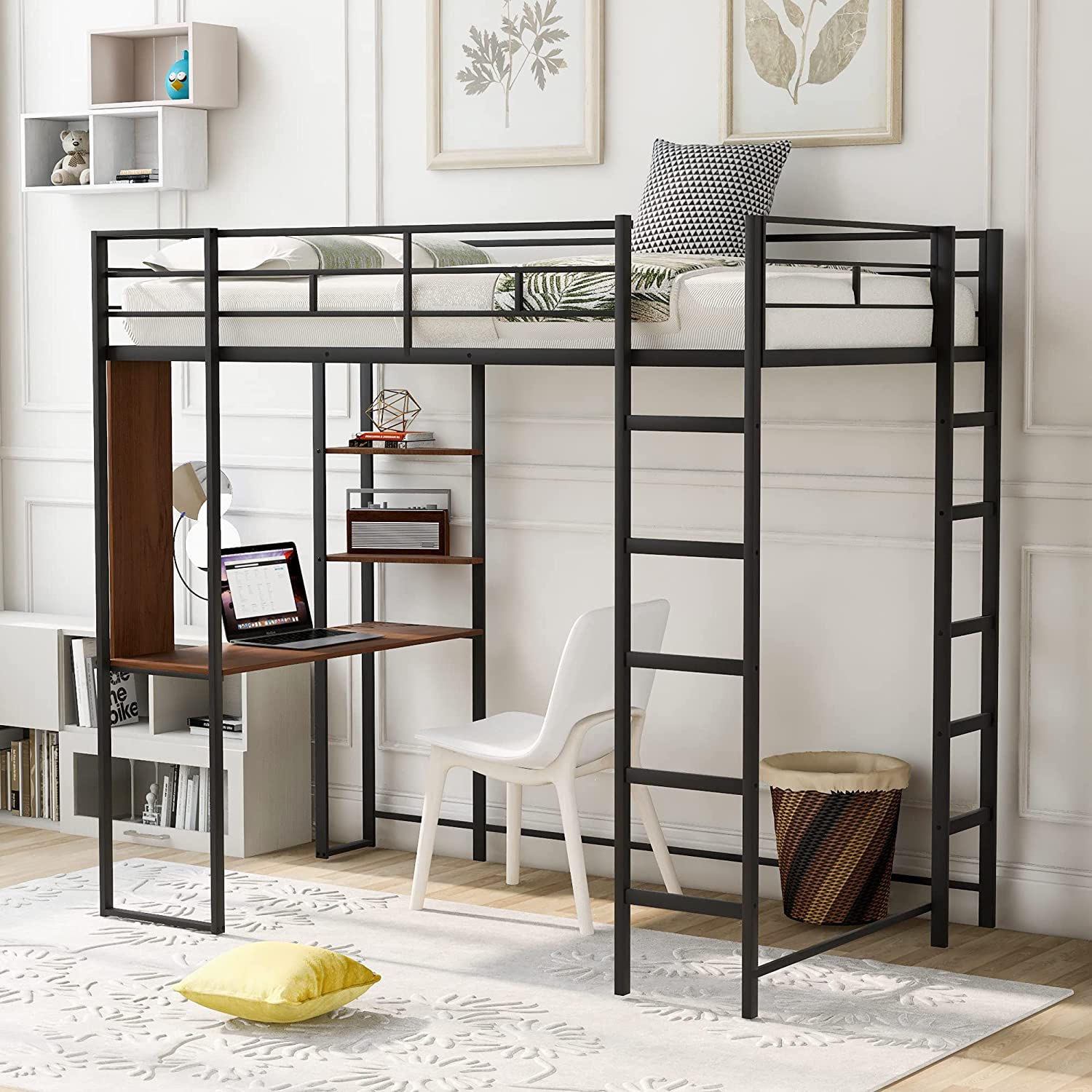 Metal High Loft Bed With Desk And Shelves, Industrial High Loft Bed For Adults