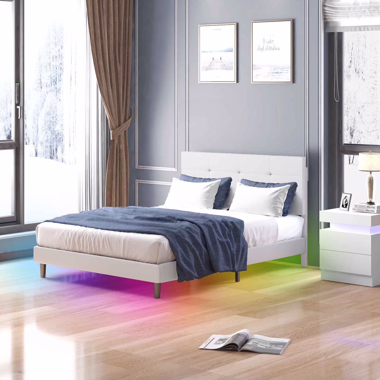 CECER King Size Bed Frame with Smart RGB LED Lights Button Tufted Headboard PVC Fabric Upholstered Platform No Box Spring Needed-White