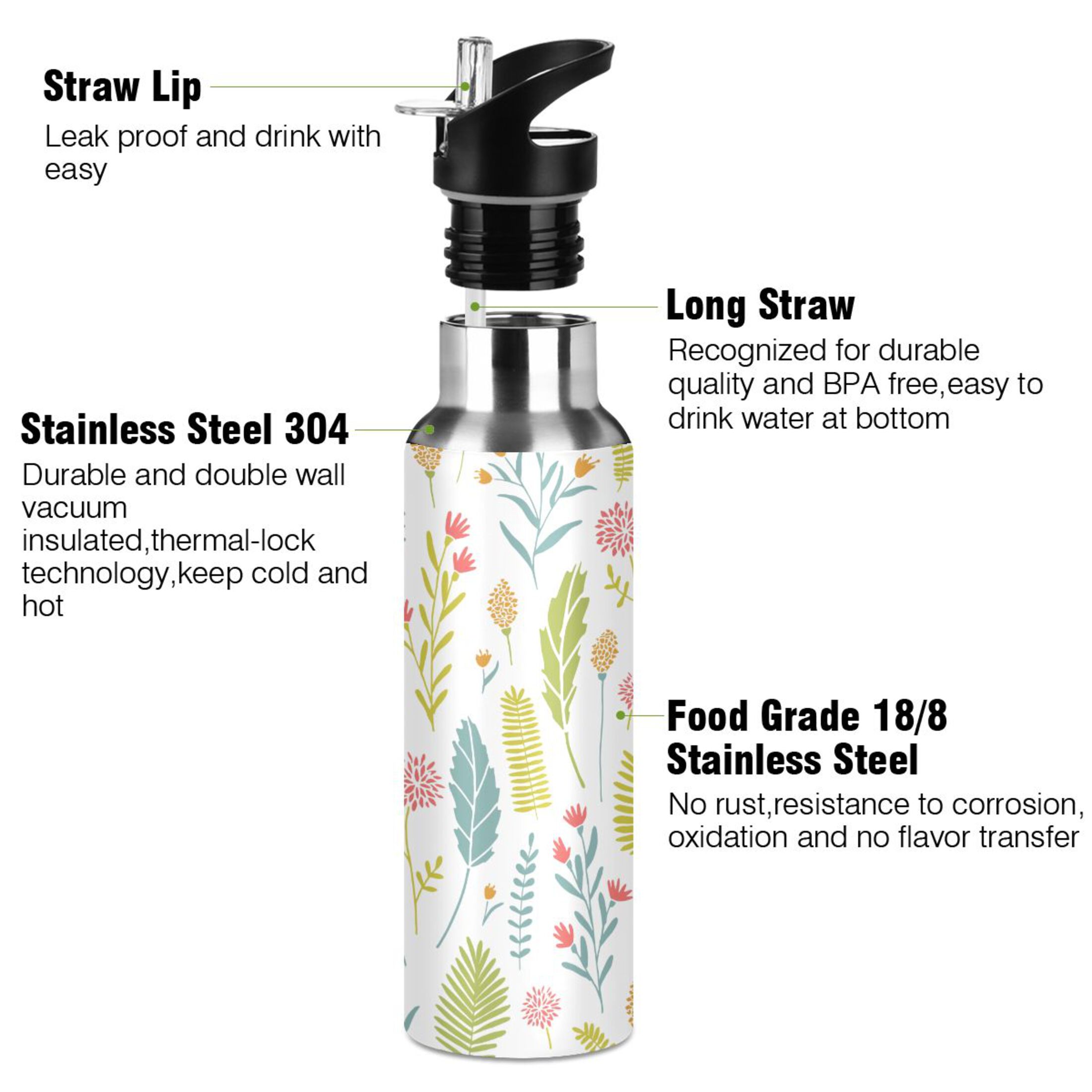 Water Bottle with Straw Lid Leak Leaves with Flowers Stainless Steel Insulated Thermos Vacuum Flask for Cold Hot Drinking for Sports Camping Gym Yoga