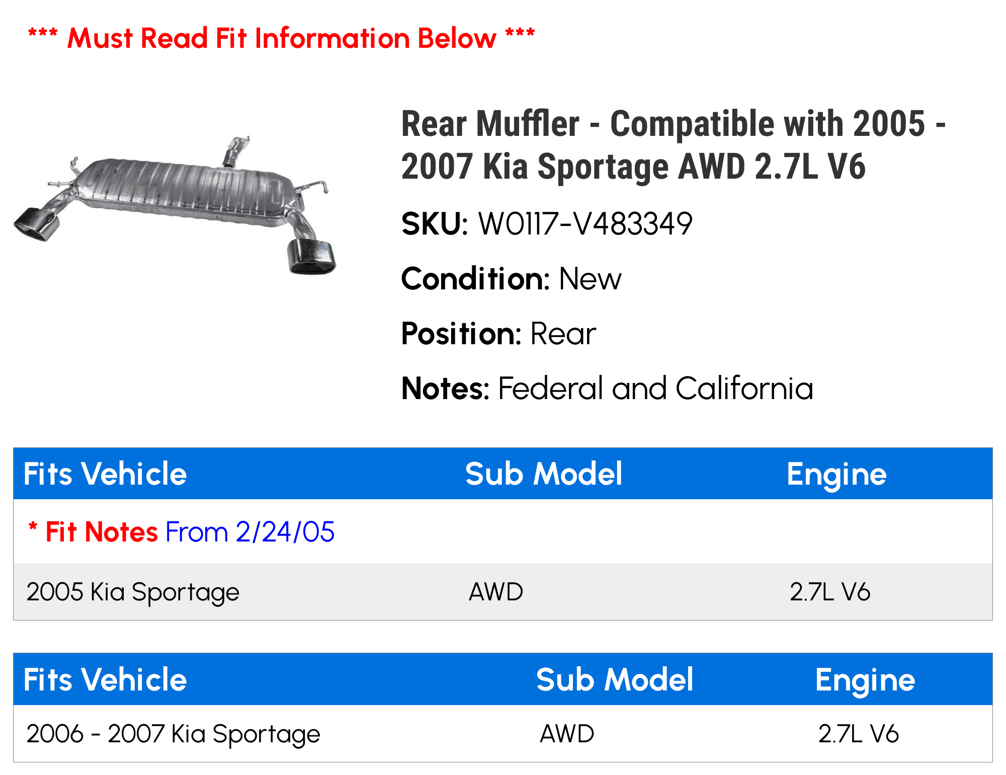 Rear Muffler - Compatible with 2005 - 2007 Kia Sportage AWD 2.7L V6 2006