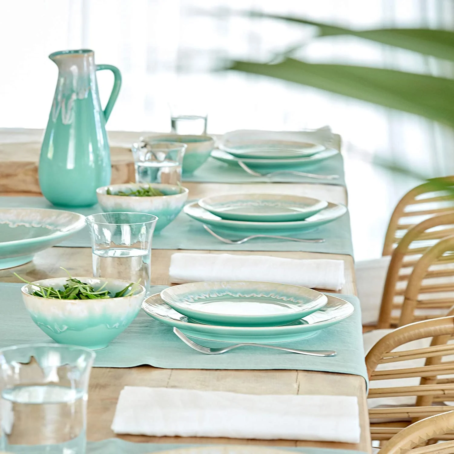 Ceramic Stoneware 5-Piece Place Setting Service For 1 - Taormina Collection, Aqua | Microwave & Dishwasher Safe Dinnerware Set | Food Safe Glazing | Restaurant Quality Tableware
