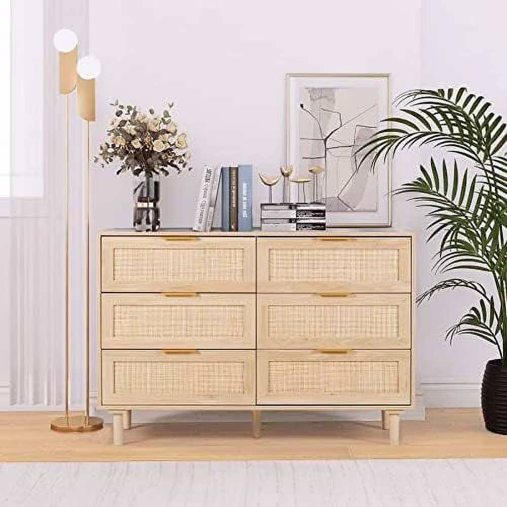 Rattan Dresser for Bedroom   6 Drawer Double Dresser with Gold Handles  Wood  Chest of Drawers for Kid Bedroom Living Room Hallway (Oak)