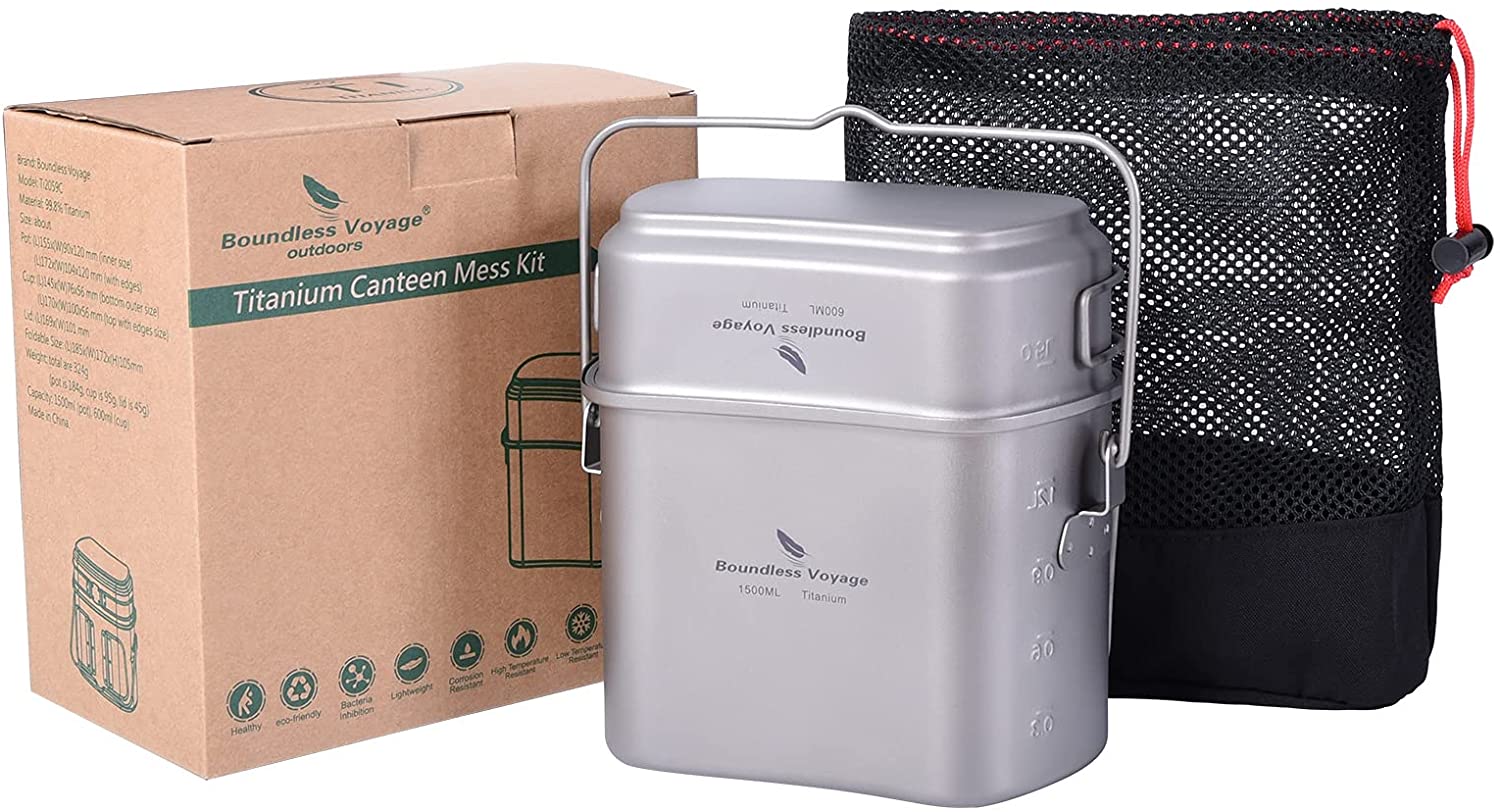 Canteen Cup Mess Kit Camping Kidney-Shaped Hanging Pot Outdoor Cooking Set with Lid & Handles Ti2059C