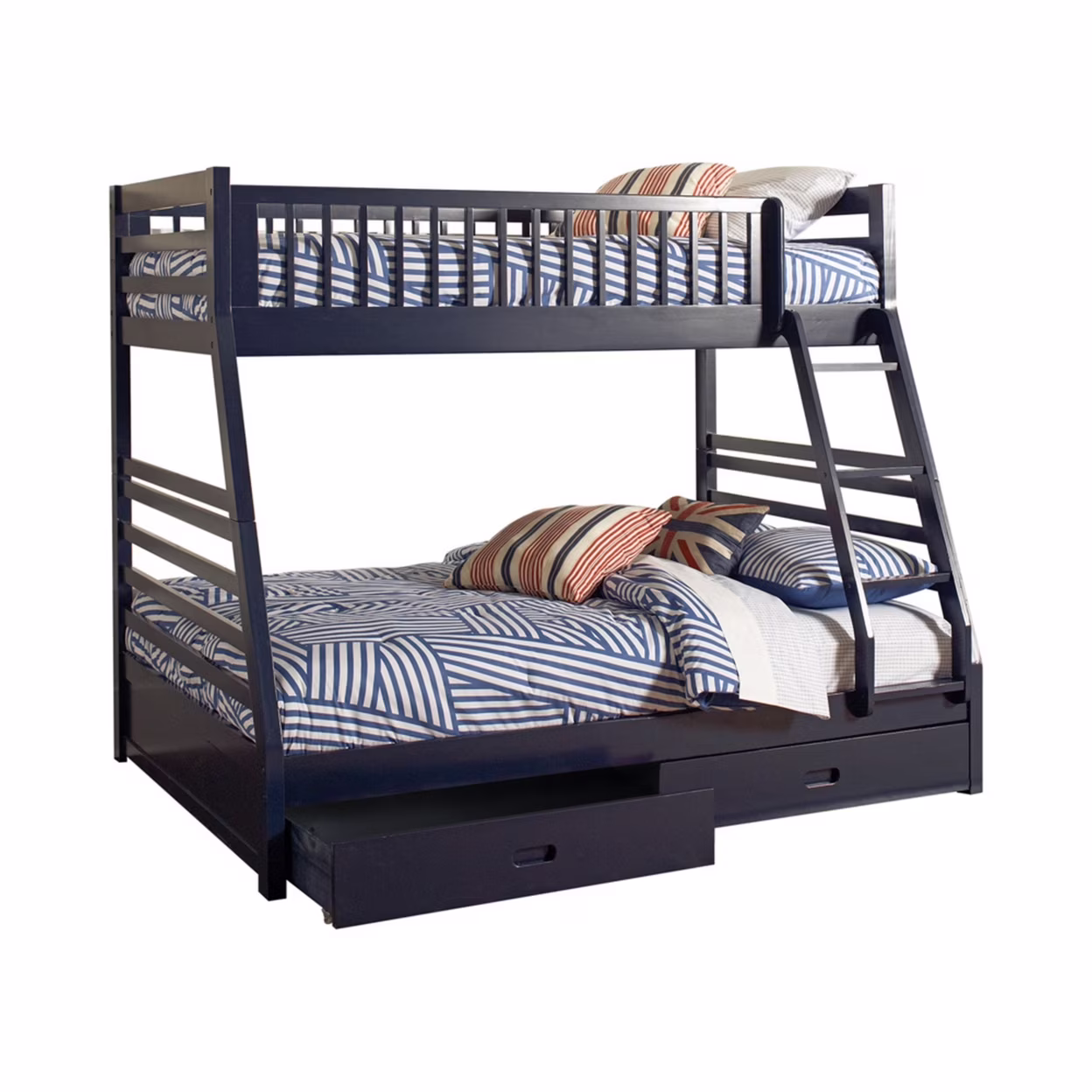 Wooden Twin Over Full Bunk Bed with Wheel Supported Bottom Drawers Blue- Saltoro Sherpi