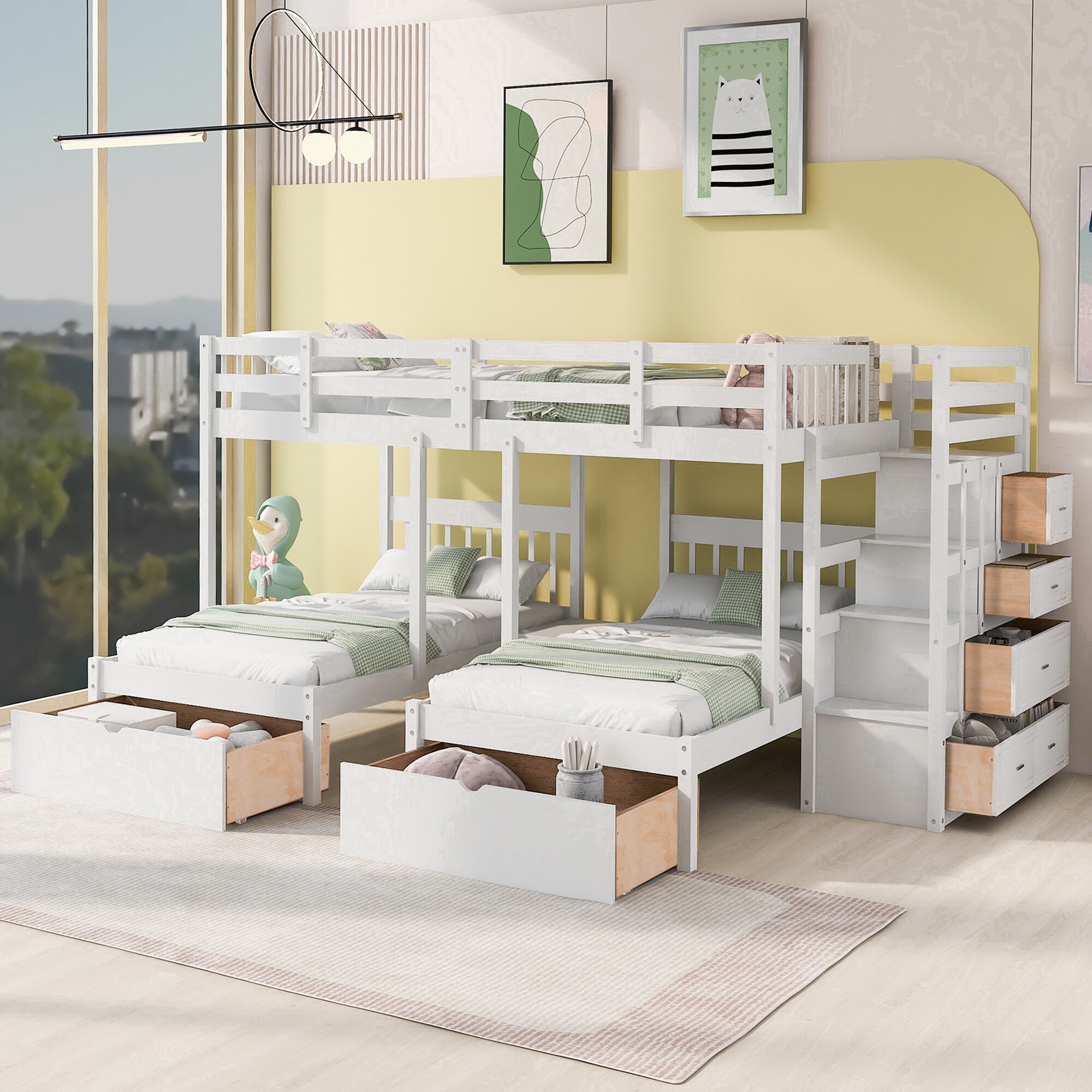 Wood Triple Bunk Bed with Guardrails, Full Over Twin & Twin Bunk Bed White
