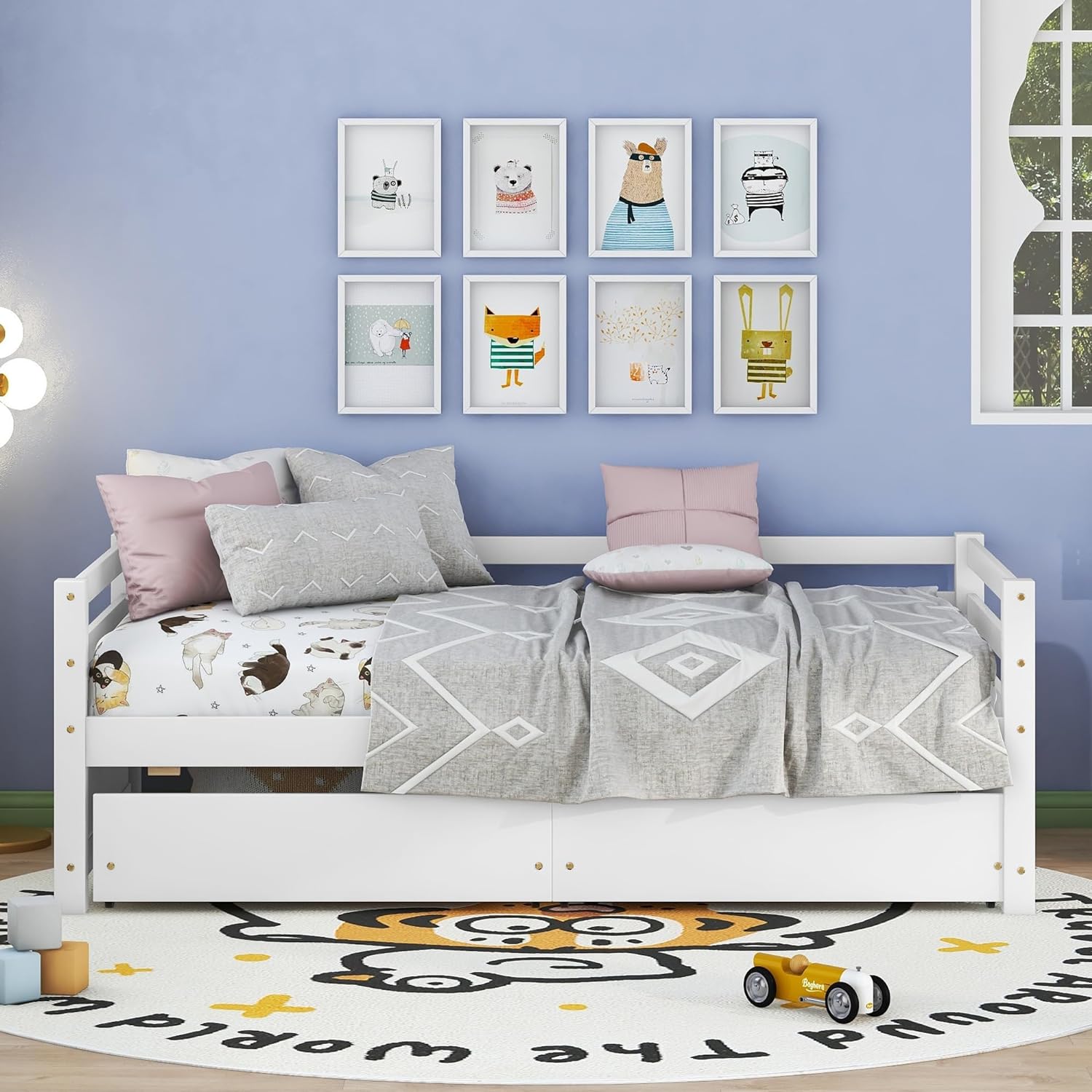 Daybed With 2 Storage Drawers, Woode Size Daybed Frame, Dual-Use Daybed Sofa Kids Bed For Livig Room,Guest Room,Childre Room, o Box Sprig eeded, White