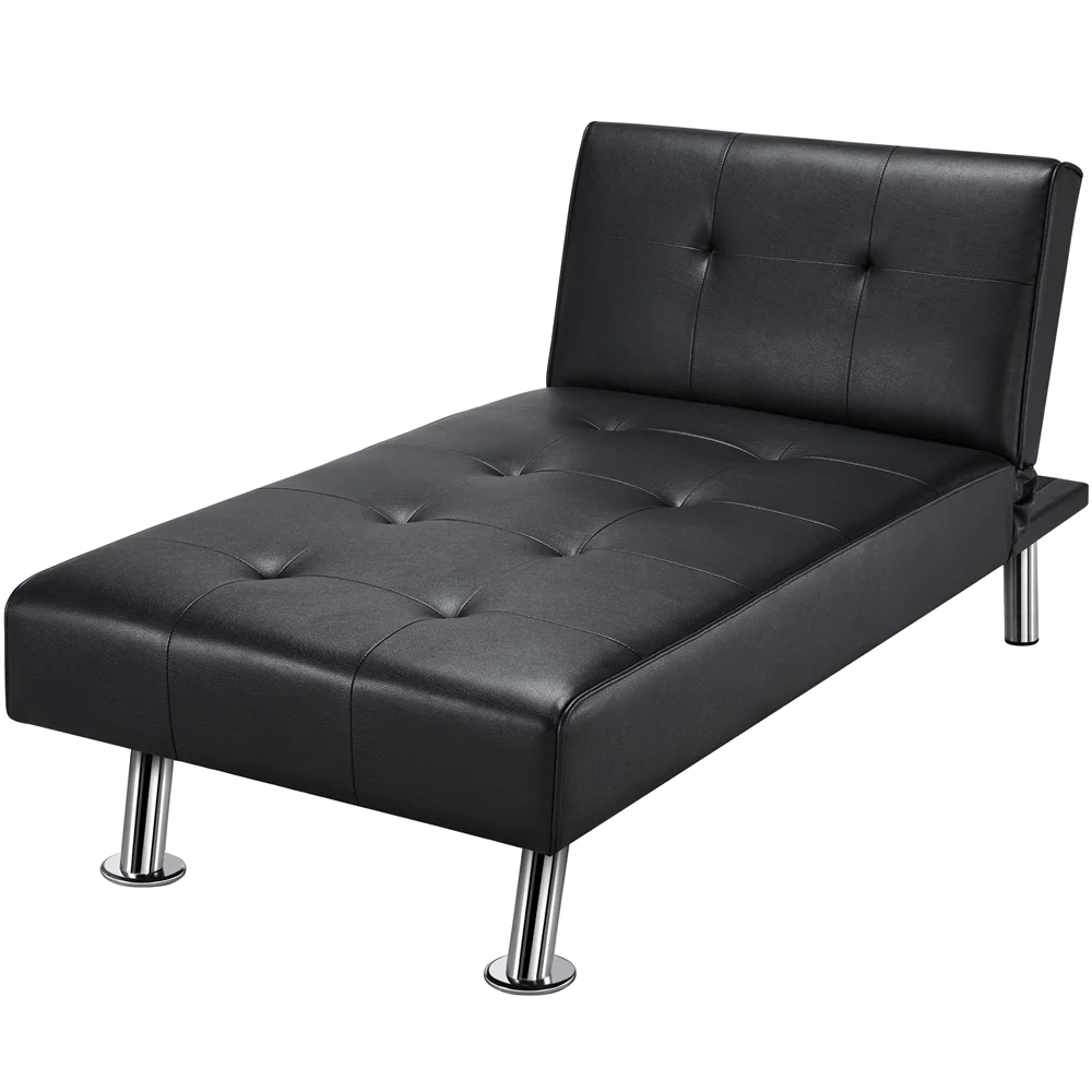 Yaheetech Faux Leather Chaise Lounge Convertible Futon Daybed With Chrome Metal Legs, Black