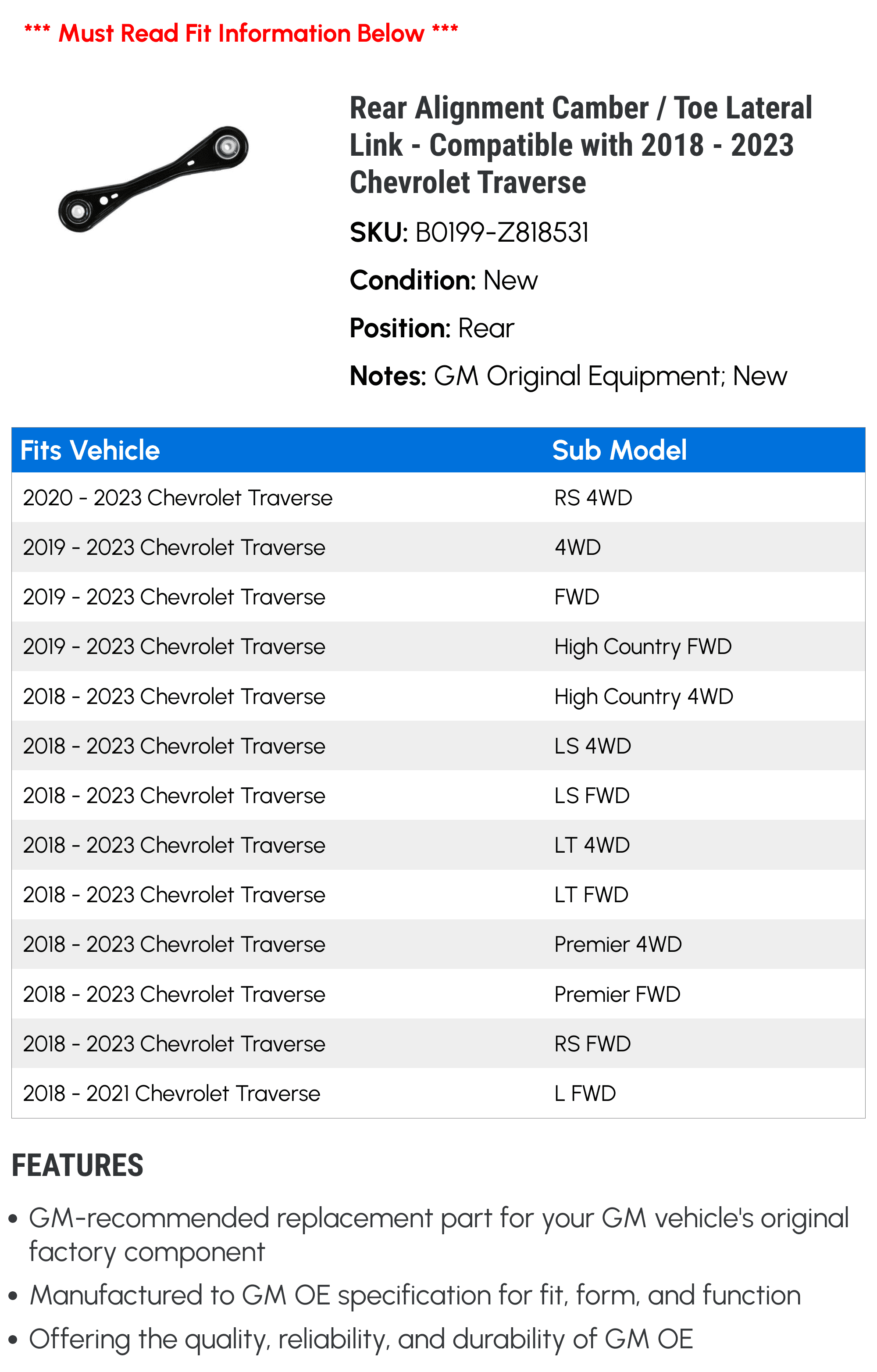 Rear Alignment Camber / Toe Lateral Link - Compatible with 2018 - 2023 Chevy Traverse 2019 2020 2021 2022