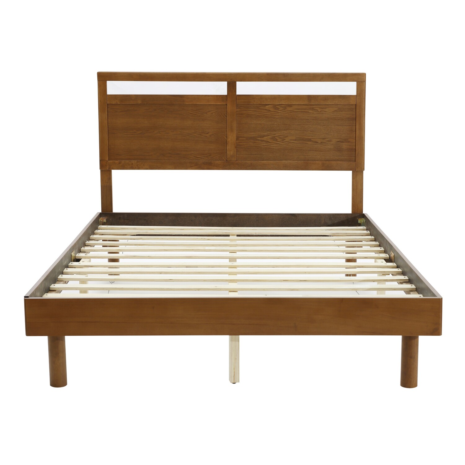 LuxenHome Farmhouse Wood Queen Size Bed with Adjustable Headboard in Brown