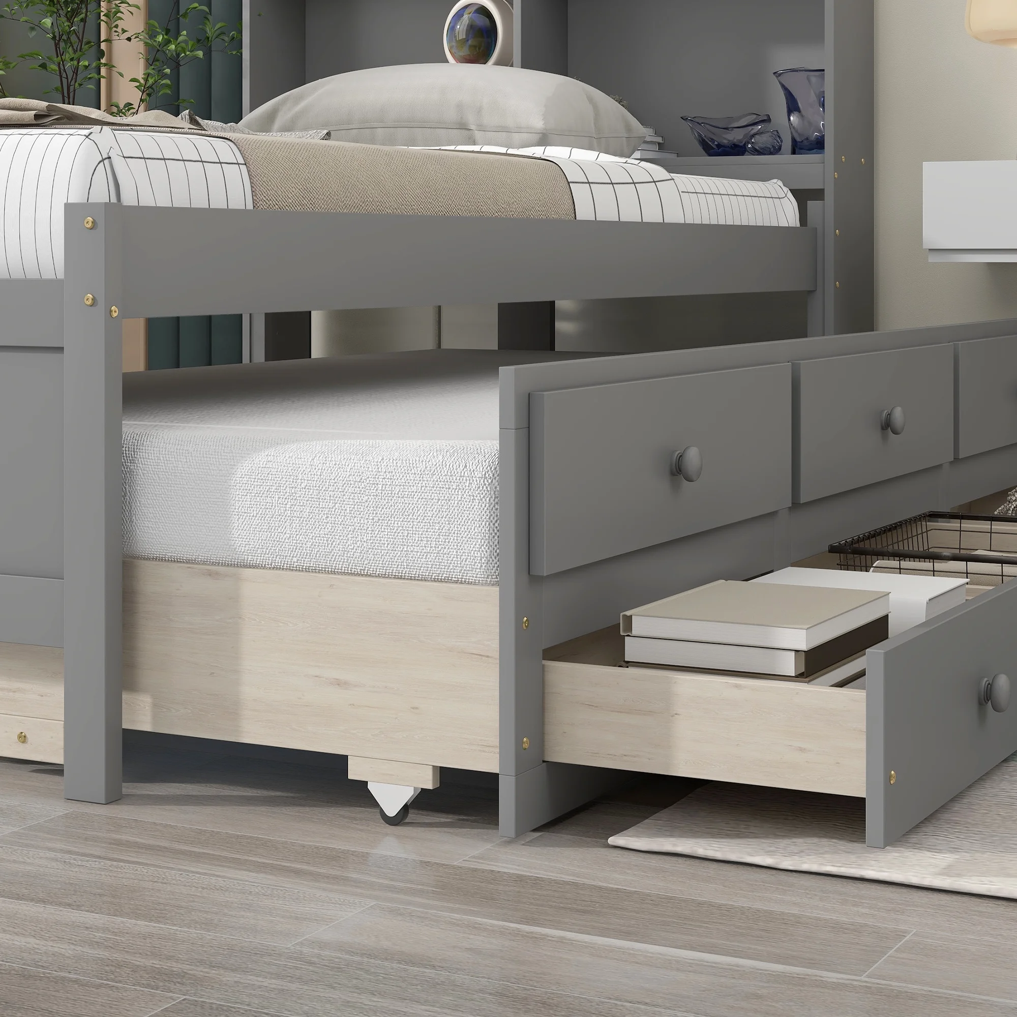 Docooler Twin Bed with Twin Trundle,Drawers,Grey