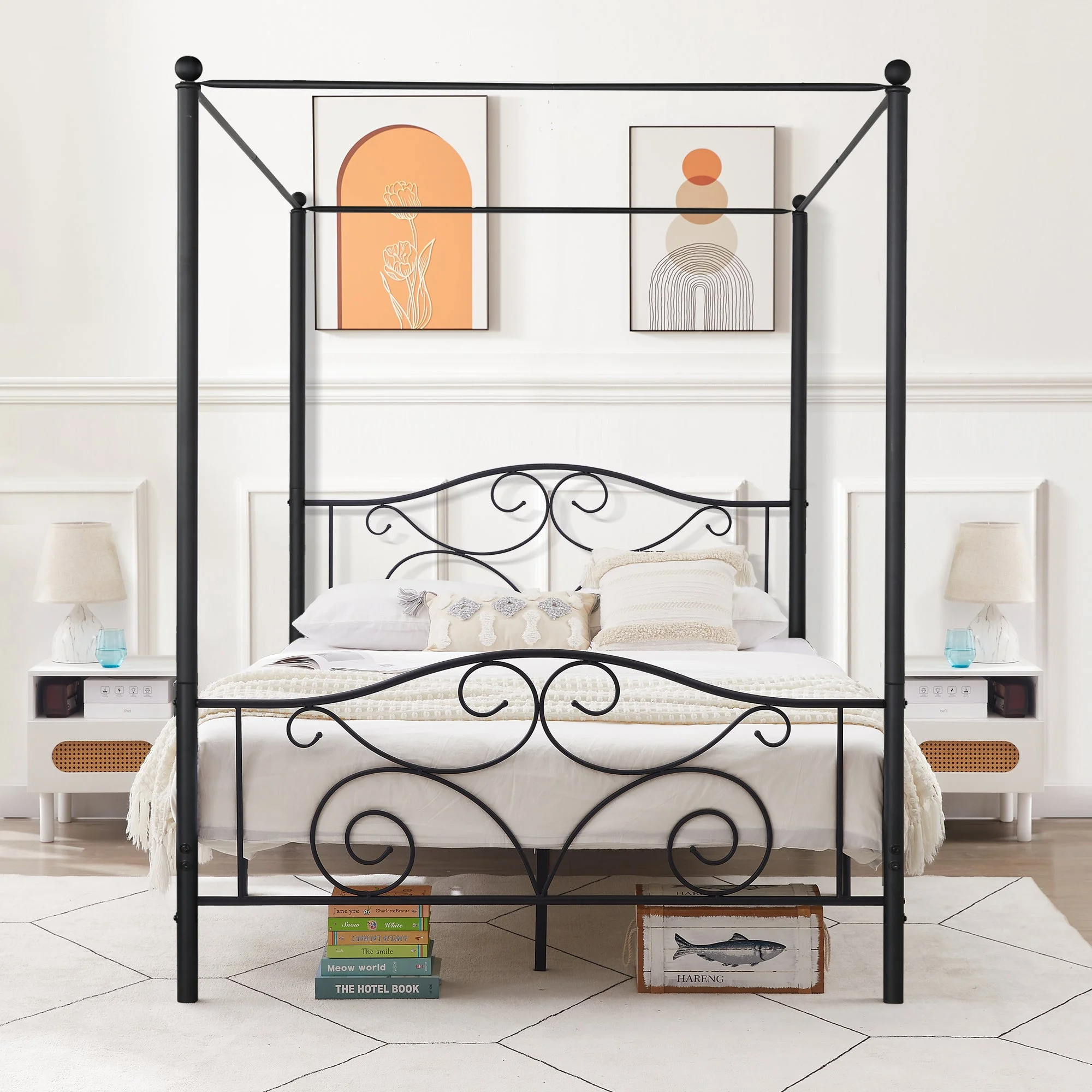 VECELO Full Metal Canopy Bed Frame, 4-Post Canopied Platform Bed with Headboard and Footboard, Strong Metal Slat Support Mattress Foundation, No Box Spring Needed, Black