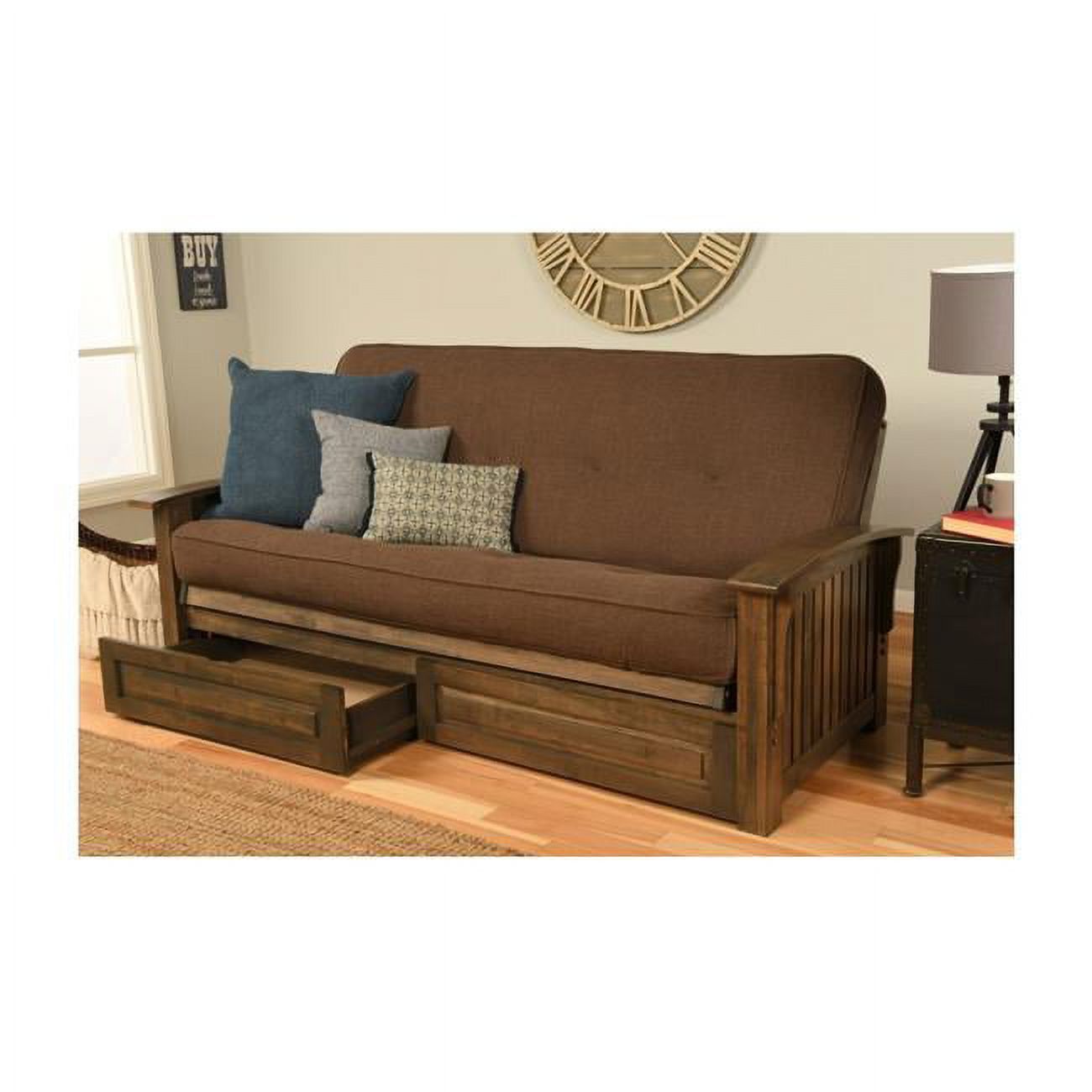 Washington Frame-Rustic Walnut Finish-Linen Cocoa Mattress-Storage Drawers Kodiak Furniture