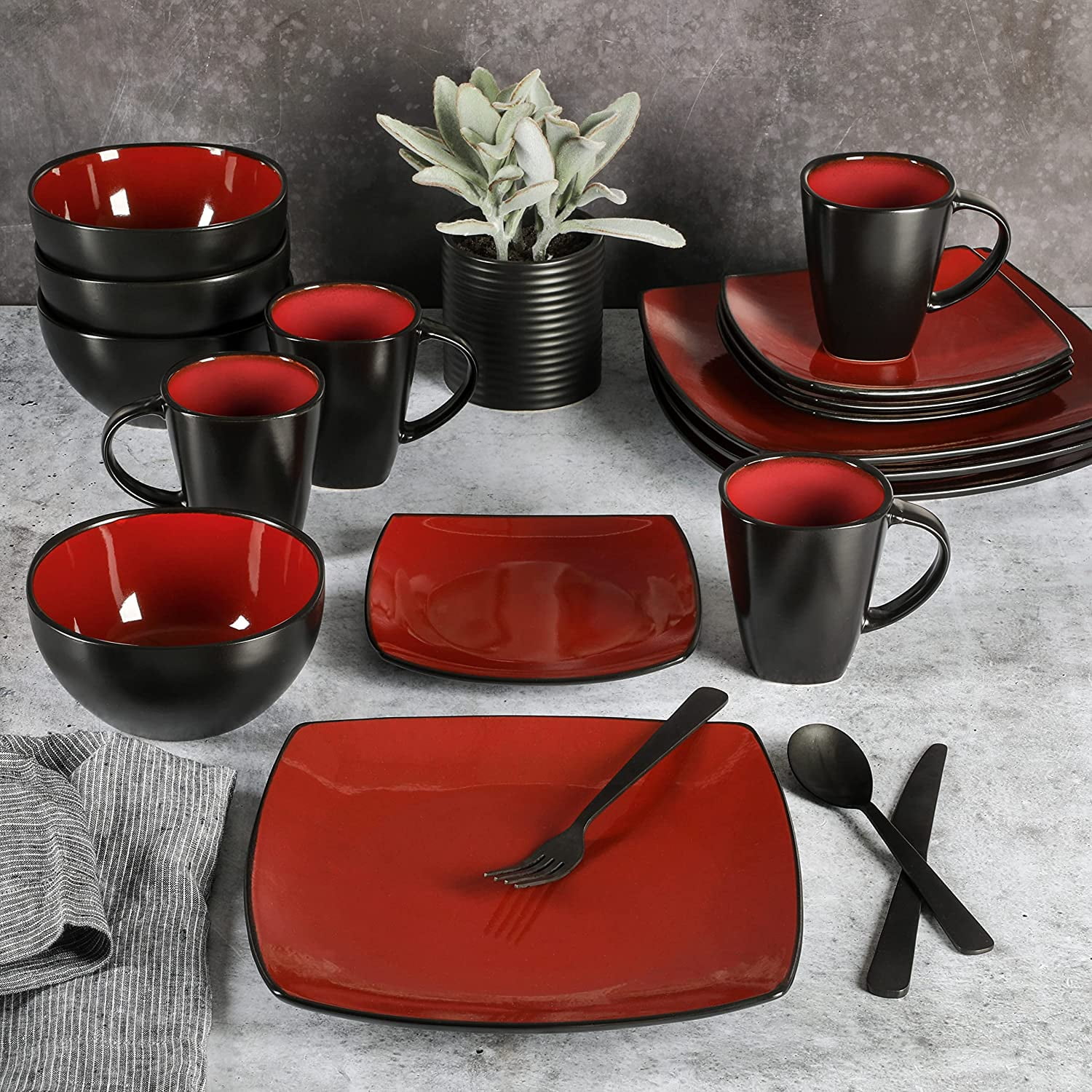 Soho Lounge 16-Piece Square Reactive Glaze Dinnerware Set Red