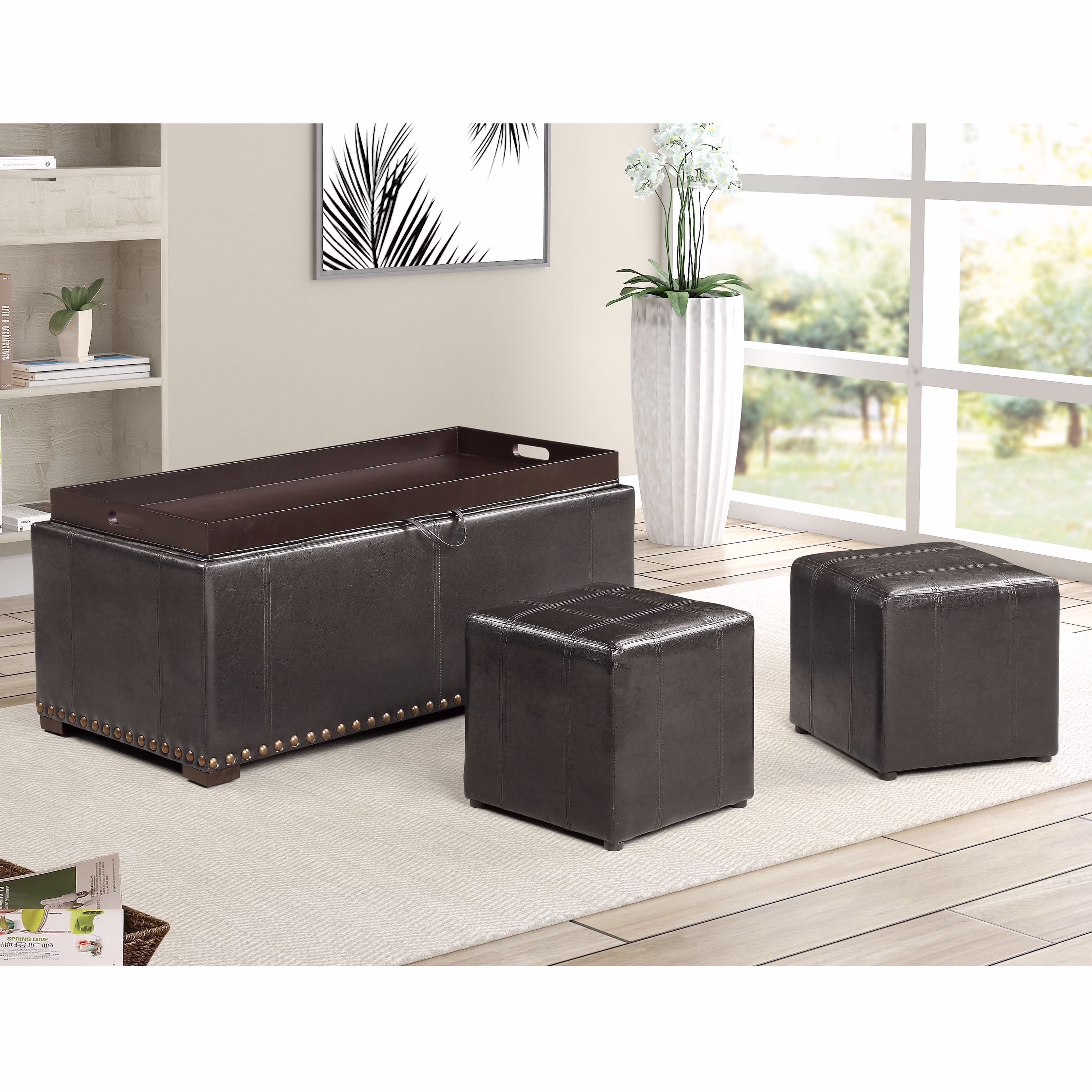 Leather Storage Bench with 2 Side Ottomans, Black