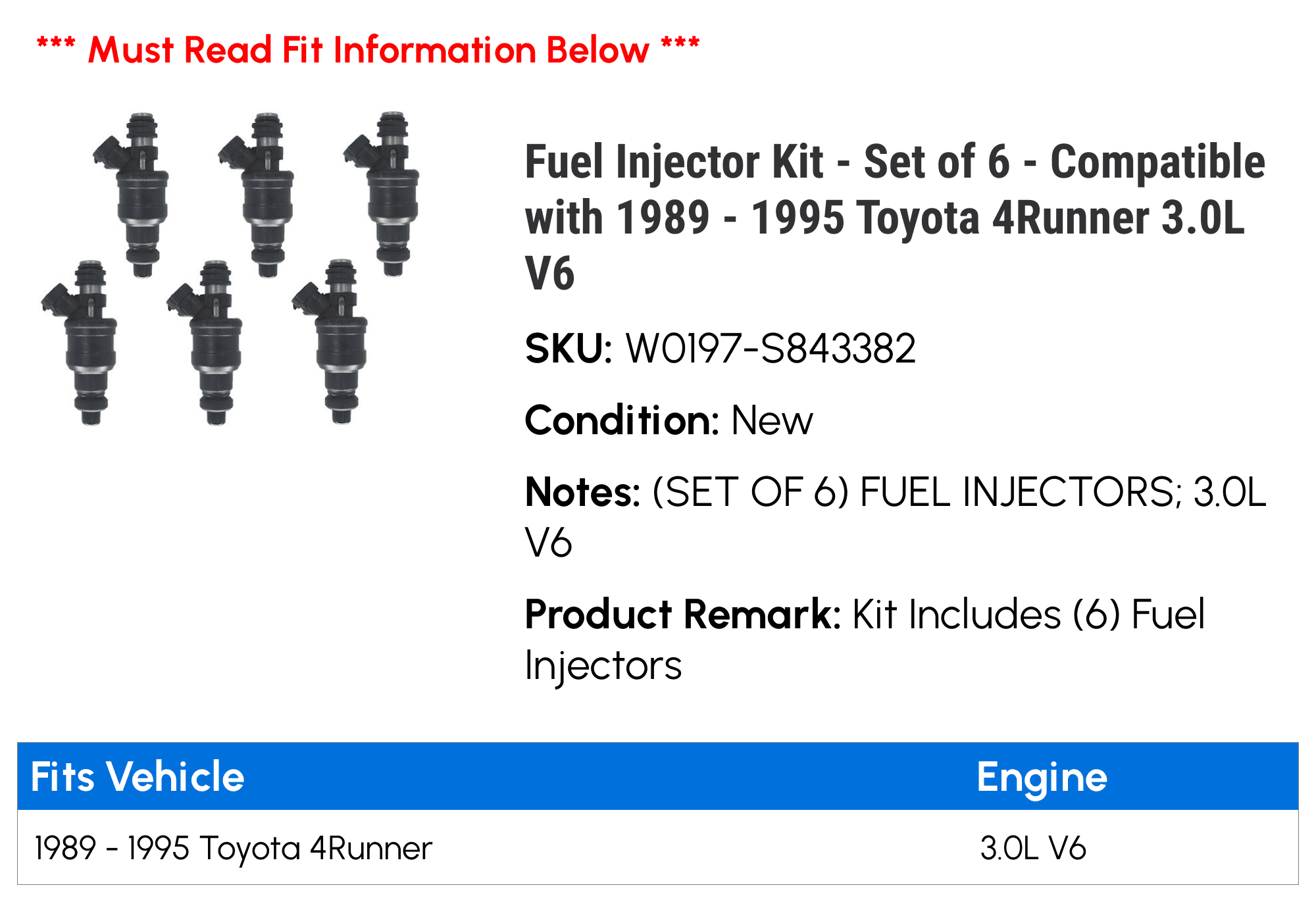 Fuel Injector Kit - Set of 6 - Compatible with 1989 - 1995 Toyota 4Runner 3.0L V6 1990 1991 1992 1993 1994