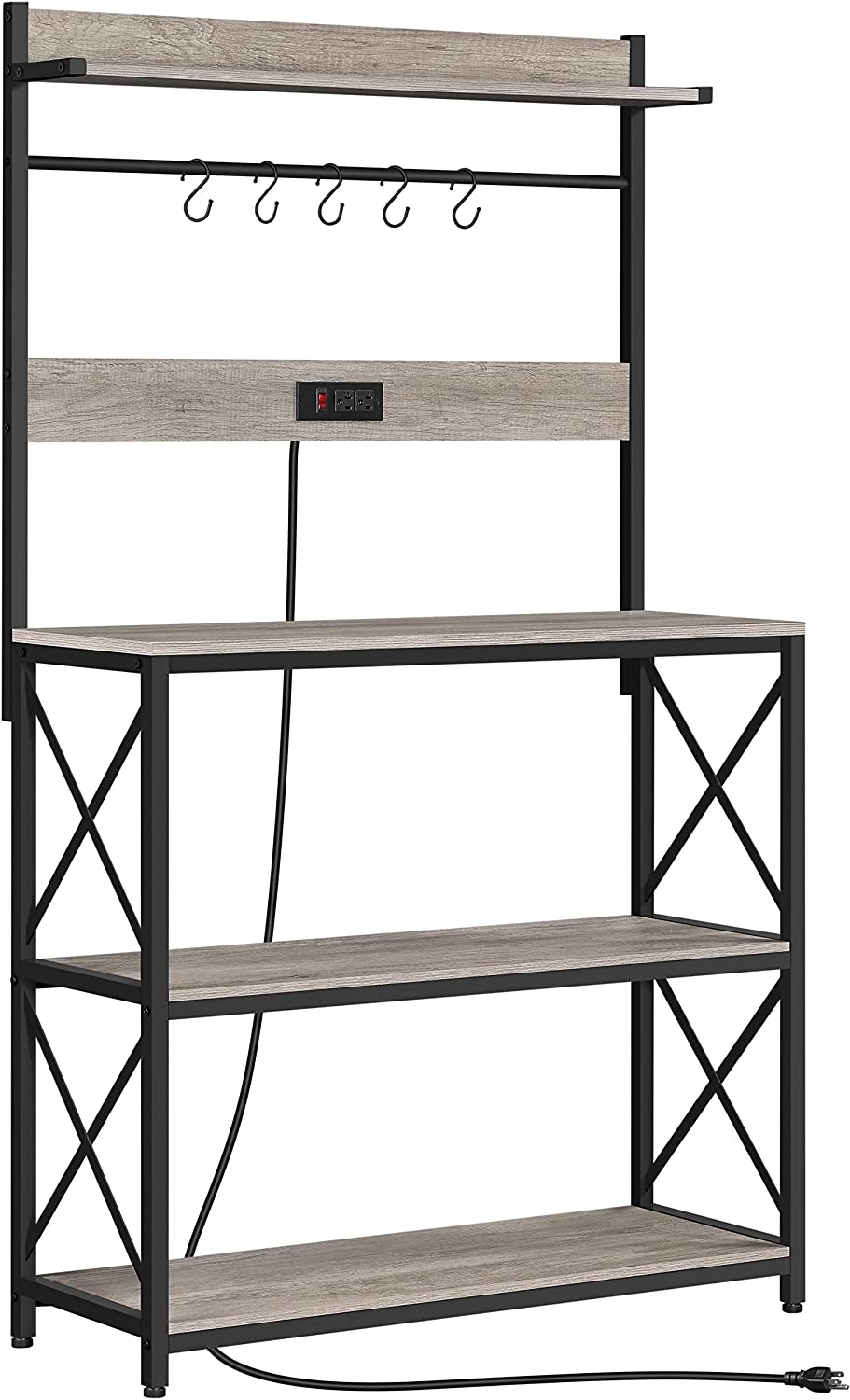 4-Tier Kitchen Bakers Rack with Power Outlet, Microwave Oven Stand Kitchen Storage Rack with Hooks for Dining Room, Spices, Pots, Pans, Gray