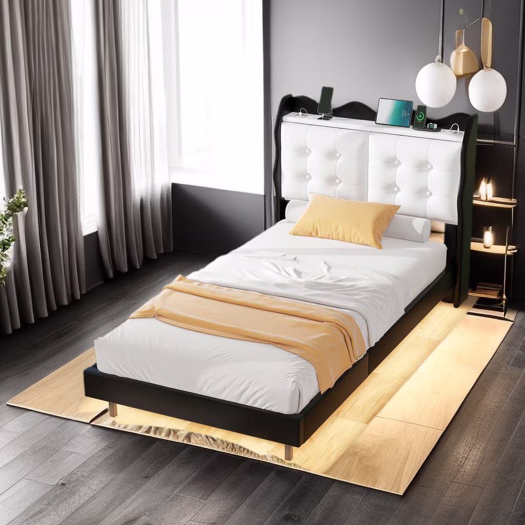 Twin Size Upholstery Platform Bed Frame with LED Light Strips,Headboard Storage Space and Two USB Charging Deisgn