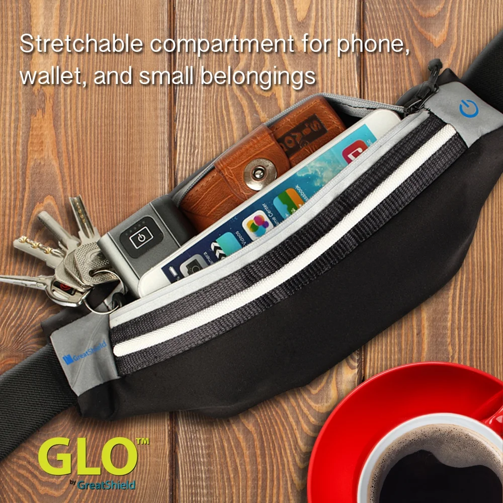 GreatShield LED Running Pouch Belt, GLO Waterproof 3 Way LED Lighting Outdoor Sports Waist Safety Belt for Biking, Hiking, Jogging, Pocket for iPhone 14 Pro/Pro Max/Plus, Galaxy S10+/S10 5G/S10e/Fold