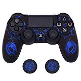 Controller Skin for PS4, BRHE Anti-Slip Grip Silicone Cover Protector Case Compatible with PS4 Slim/PS4 Pro Wireless/Wired Gamepad Controller with 2 Dragon Carving Thumb Grip Caps Blue