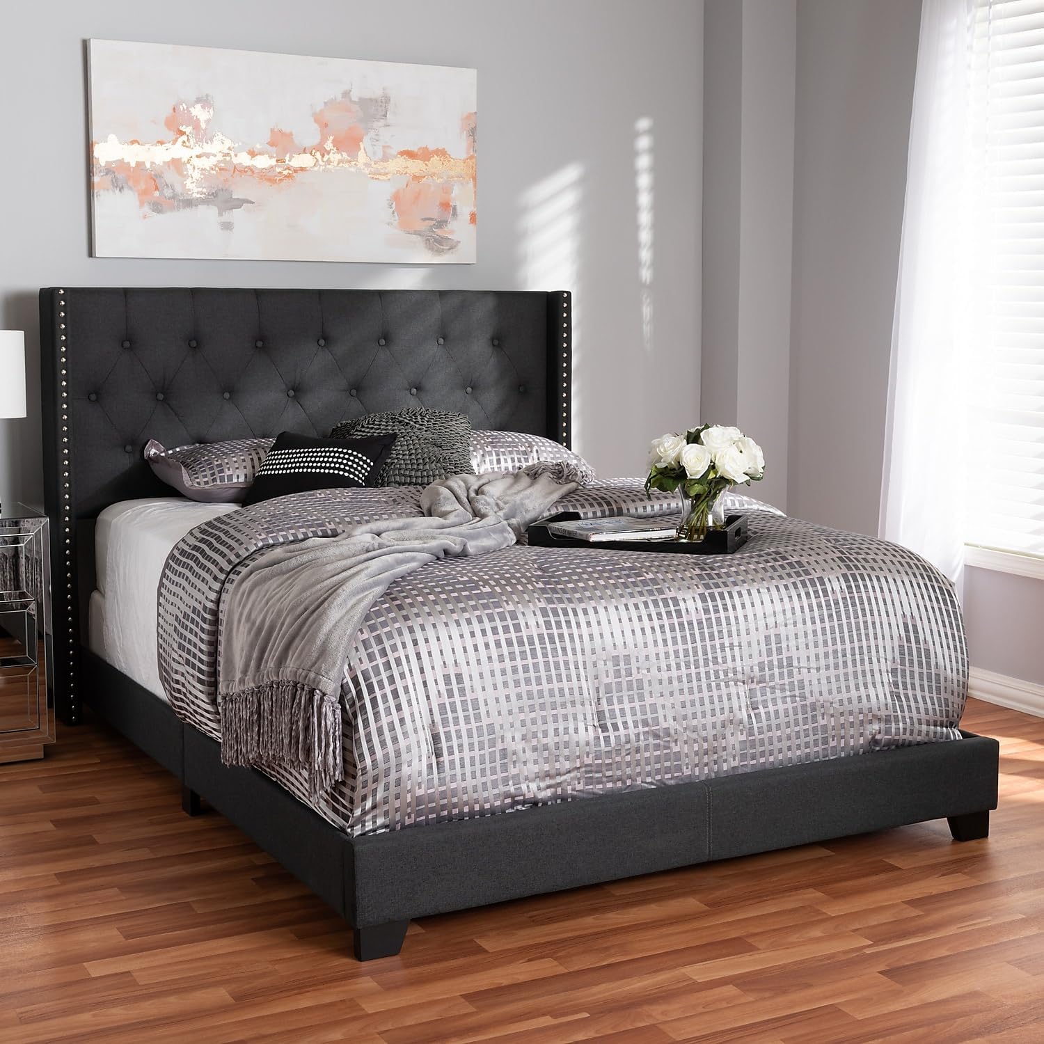Fabric Tufted Queen Bed In Charcoal Grey