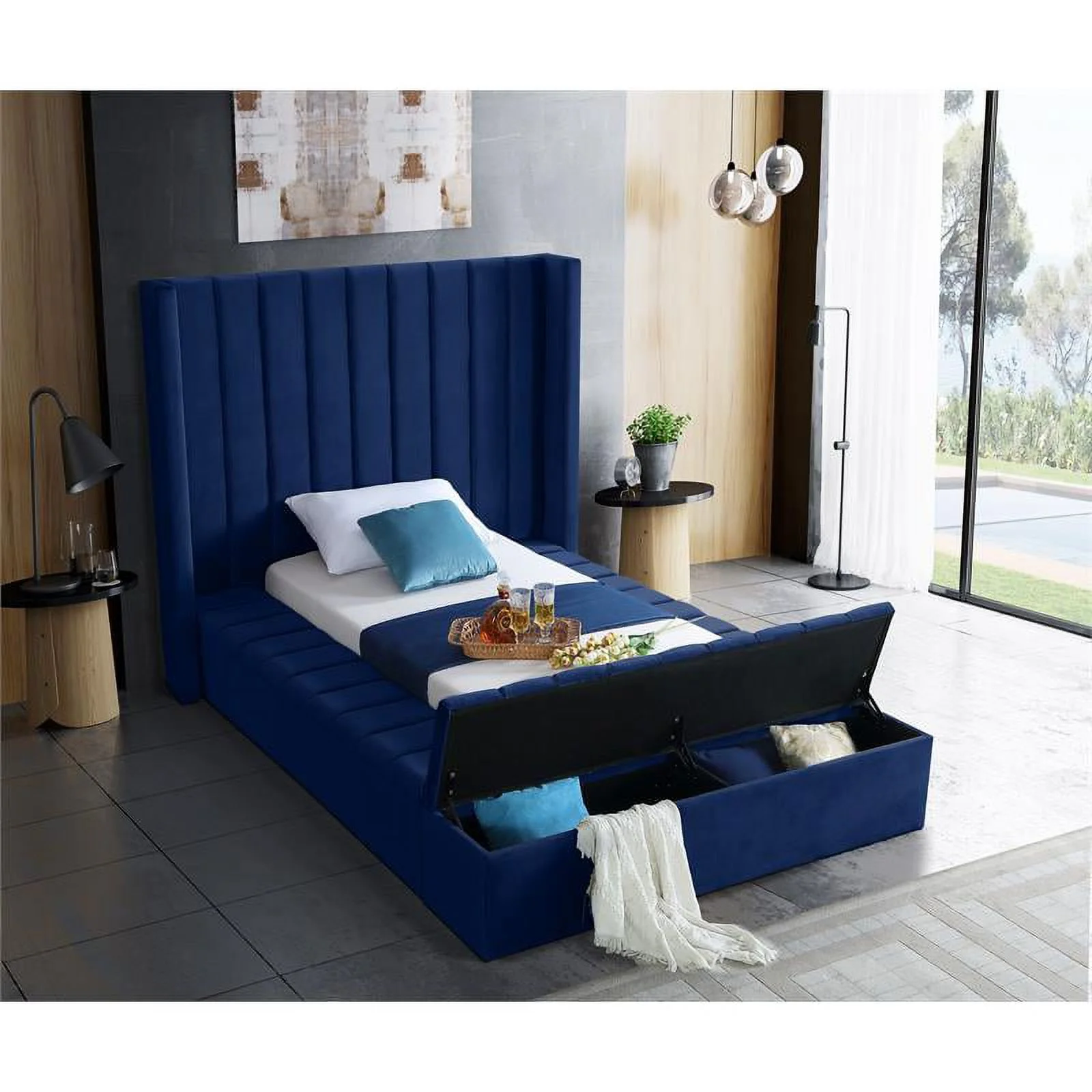 Meridian Furniture Kiki Solid Wood and Velvet Twin Bed in Navy