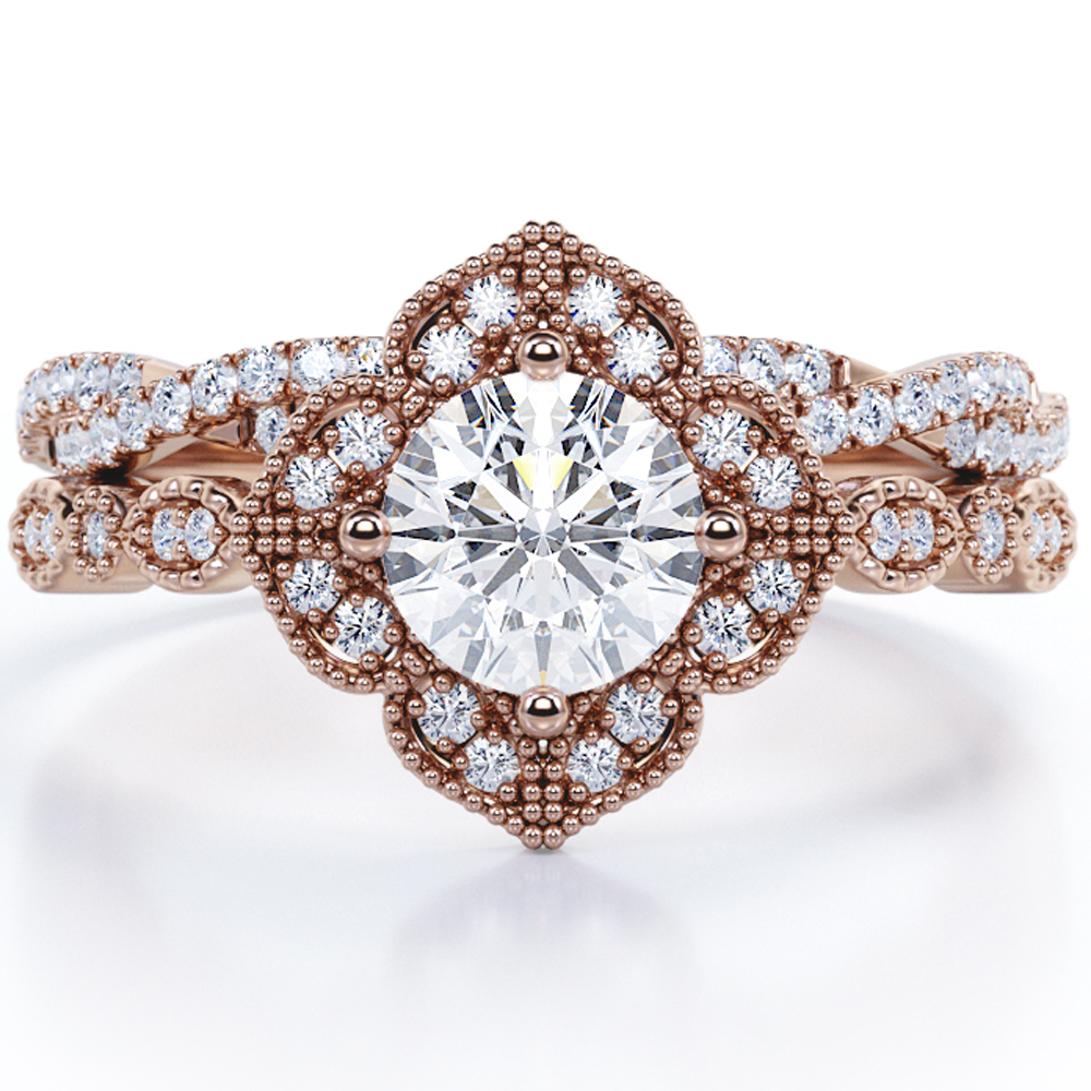 JeenMata Art-Deco Milgrain Floral Cluster 1.75 Carat Round Shape Moissanite Crossover Pave Bridal Ring Set in 18K Rose Gold Plating over Silver