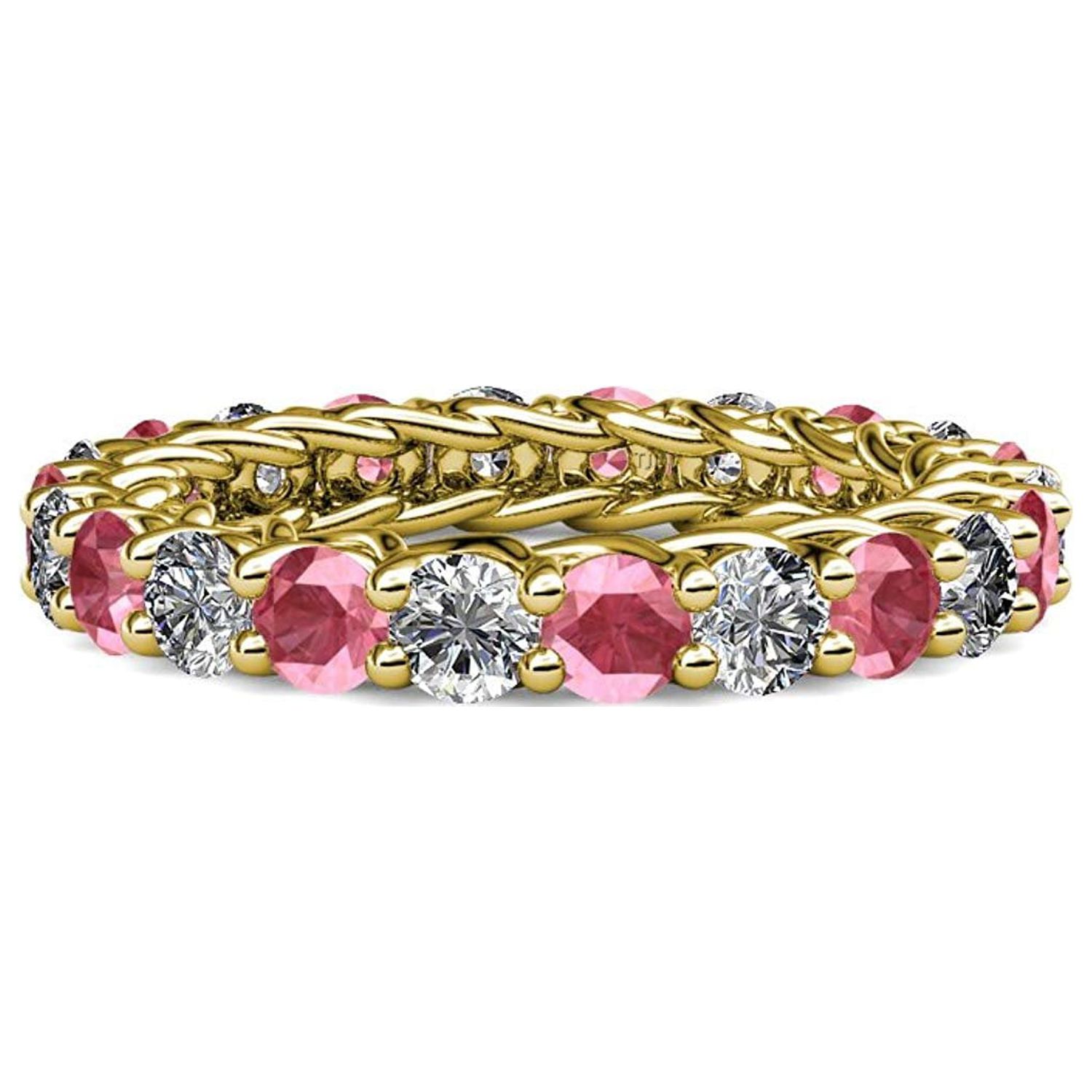 Pink Tourmaline and Diamond 3.4mm Gallery Eternity Band 2.76 to 3.19 Carat tw in 14K Yellow Gold.size 7.5