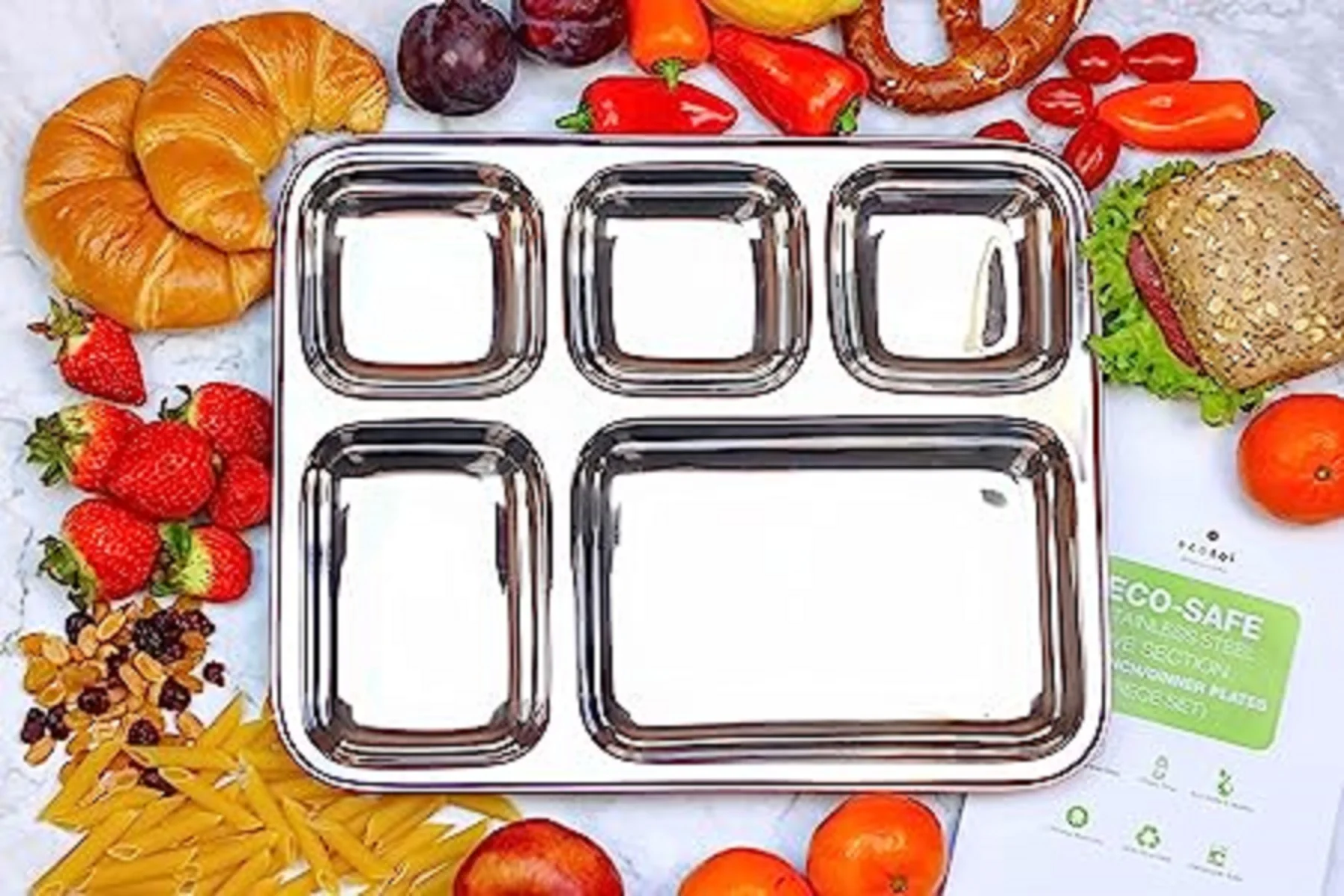 WhopperIndia Stainless Steel 5 Compartment Plate, Mess Tray, Dinner Plate, camping thali, restaurant thali, serving plate, Set of 6 pcs- 13 inch, (Silver)