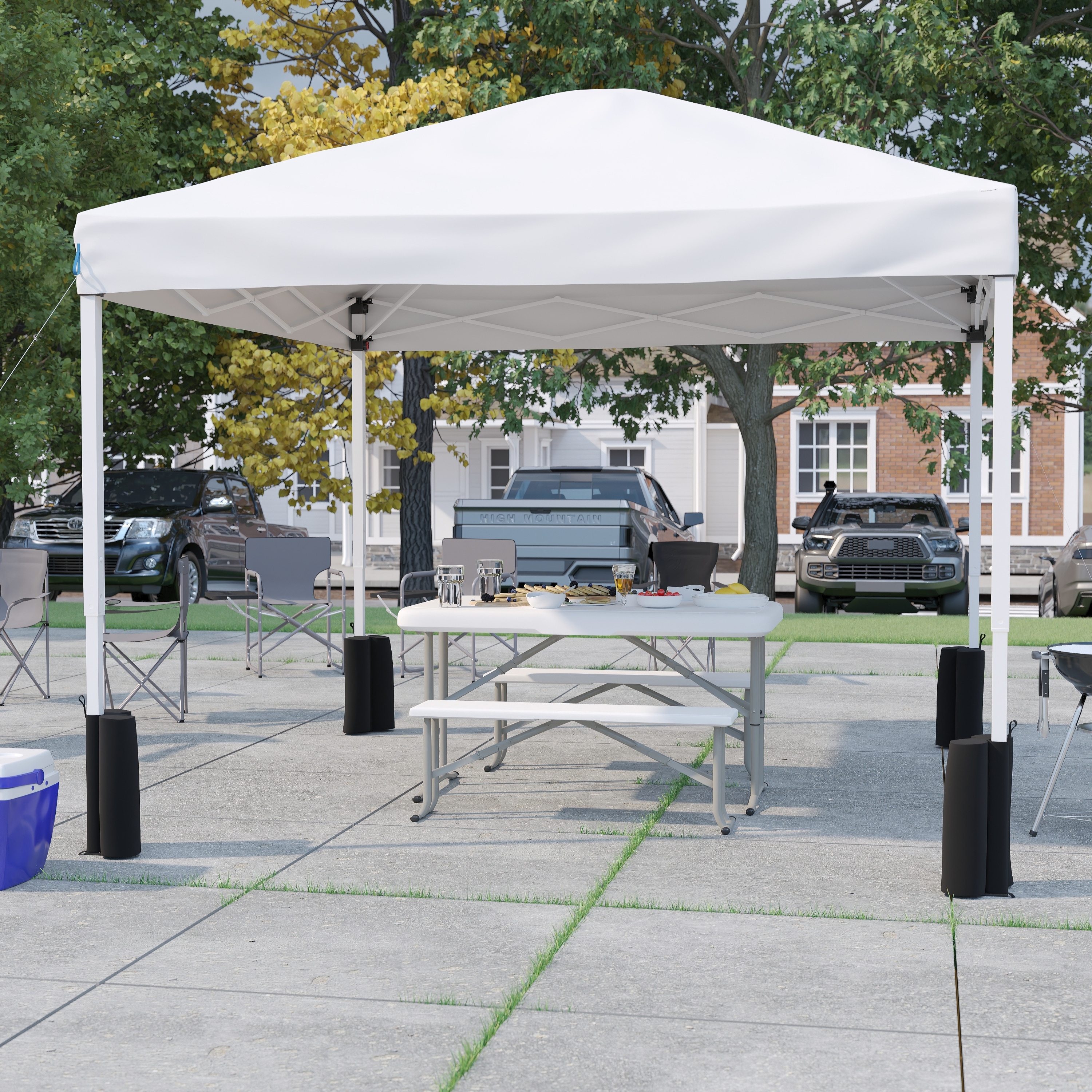 Lancaster Home 10' x 10' Pop Up Canopy - Wheeled Case - Folding Table with Benches Set White