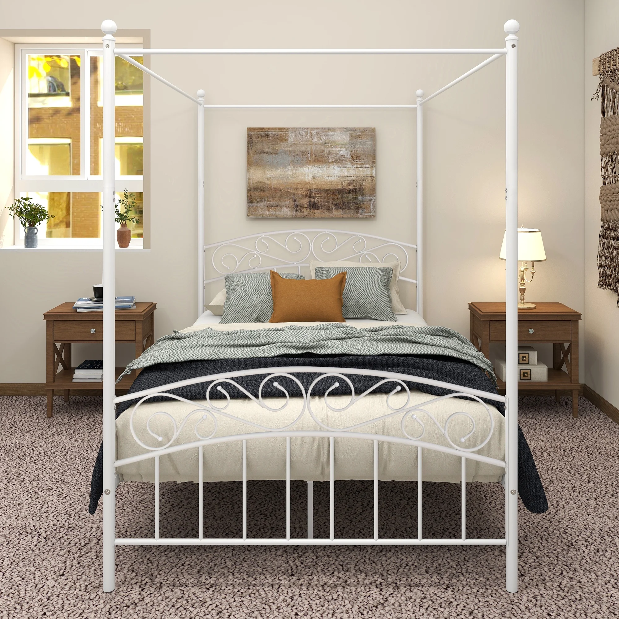 Metal Canopy Bed Frame with Ornate European Style Headboard & Footboard Sturdy Steel Holds 600lbs Perfectly Fits Your Mattress Easy DIY Assembly All Parts Included, Full White