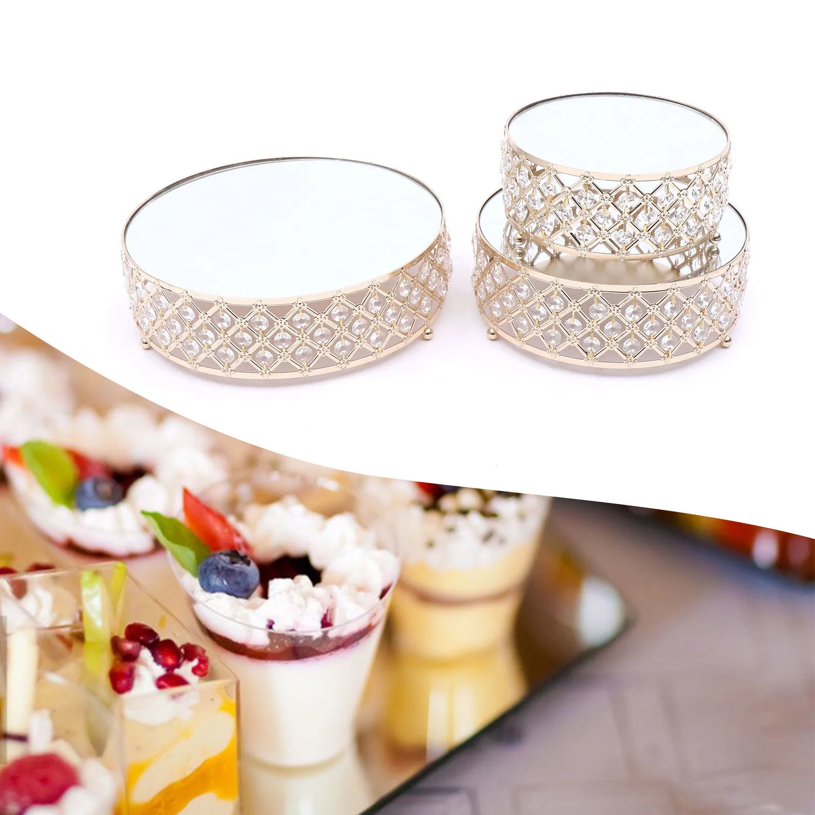 Wuzstar 3 Pcs Crystal Wedding Cake Stand Round Dessert Display Stand Set with Mirror Plates for Weddings Parties