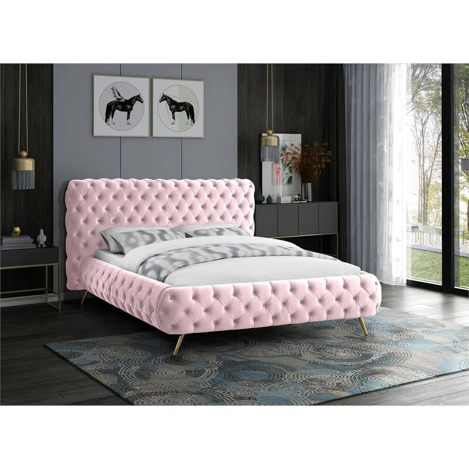 Meridian Furniture Delano Solid Wood Tufted Velvet Queen Bed in Pink