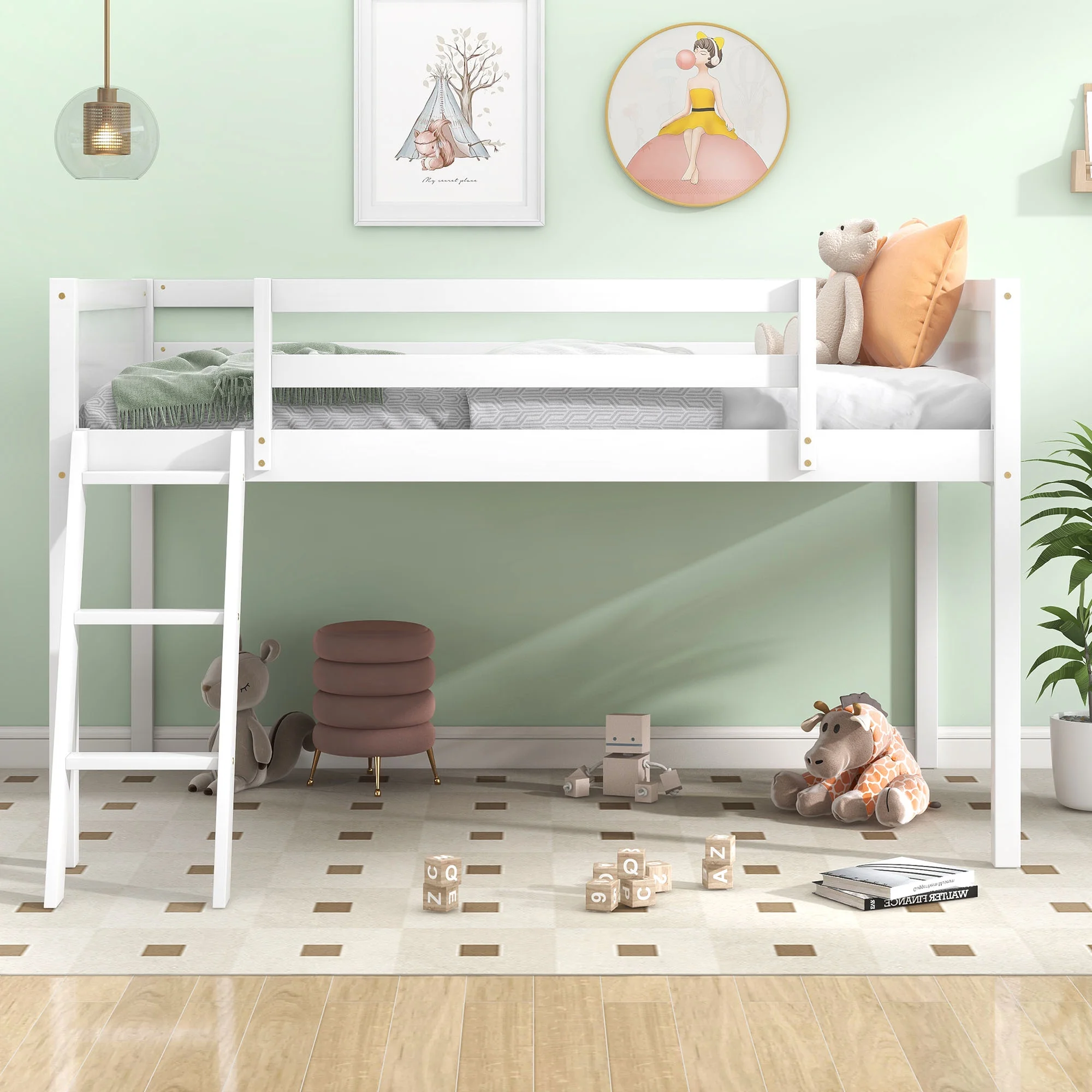 Euroco Wood Loft Bed with Ladder, Twin Size Low Loft Bed, White